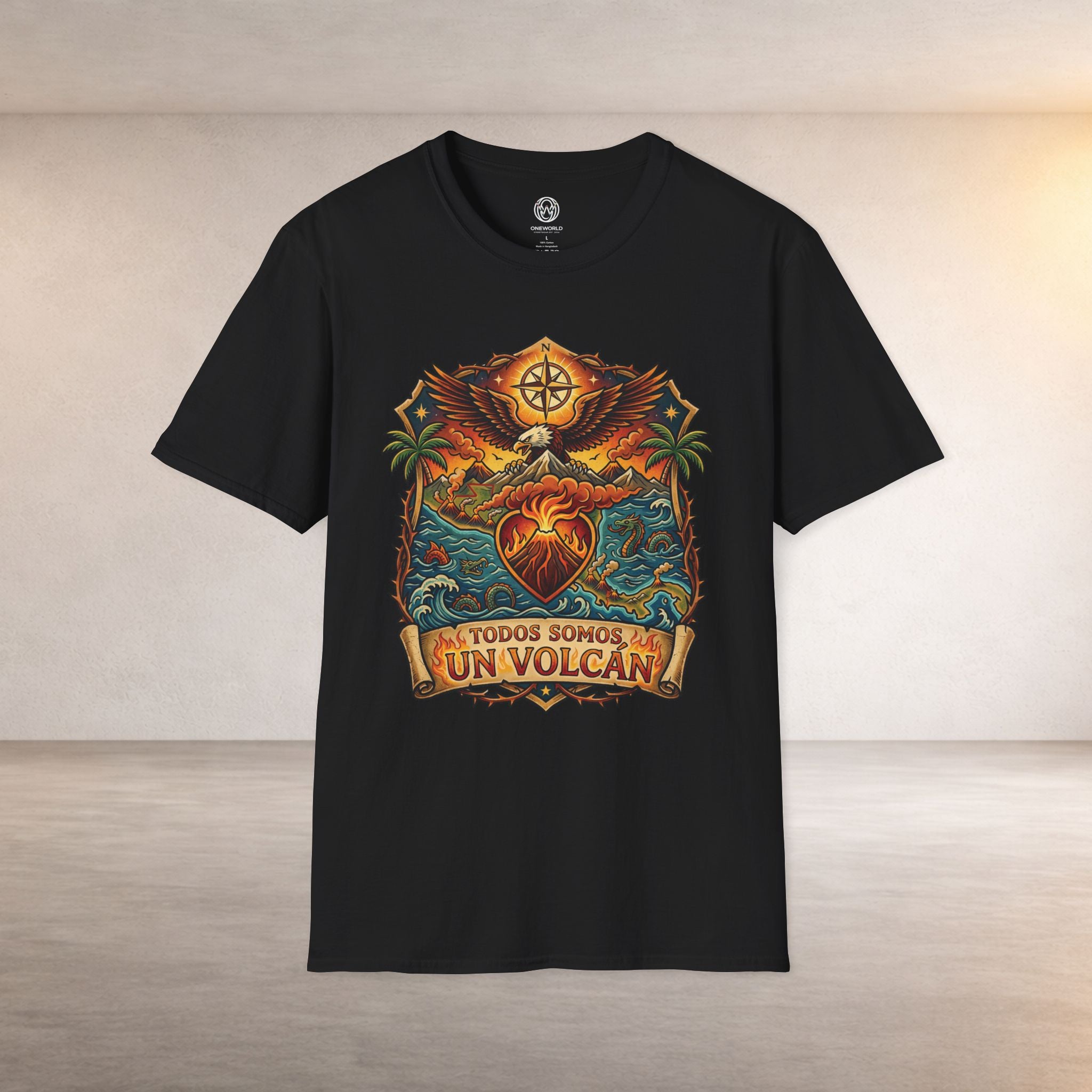 T-Shirt — 'Todos Somos Un Volcán' Vintage Heart & Volcano Graphic
