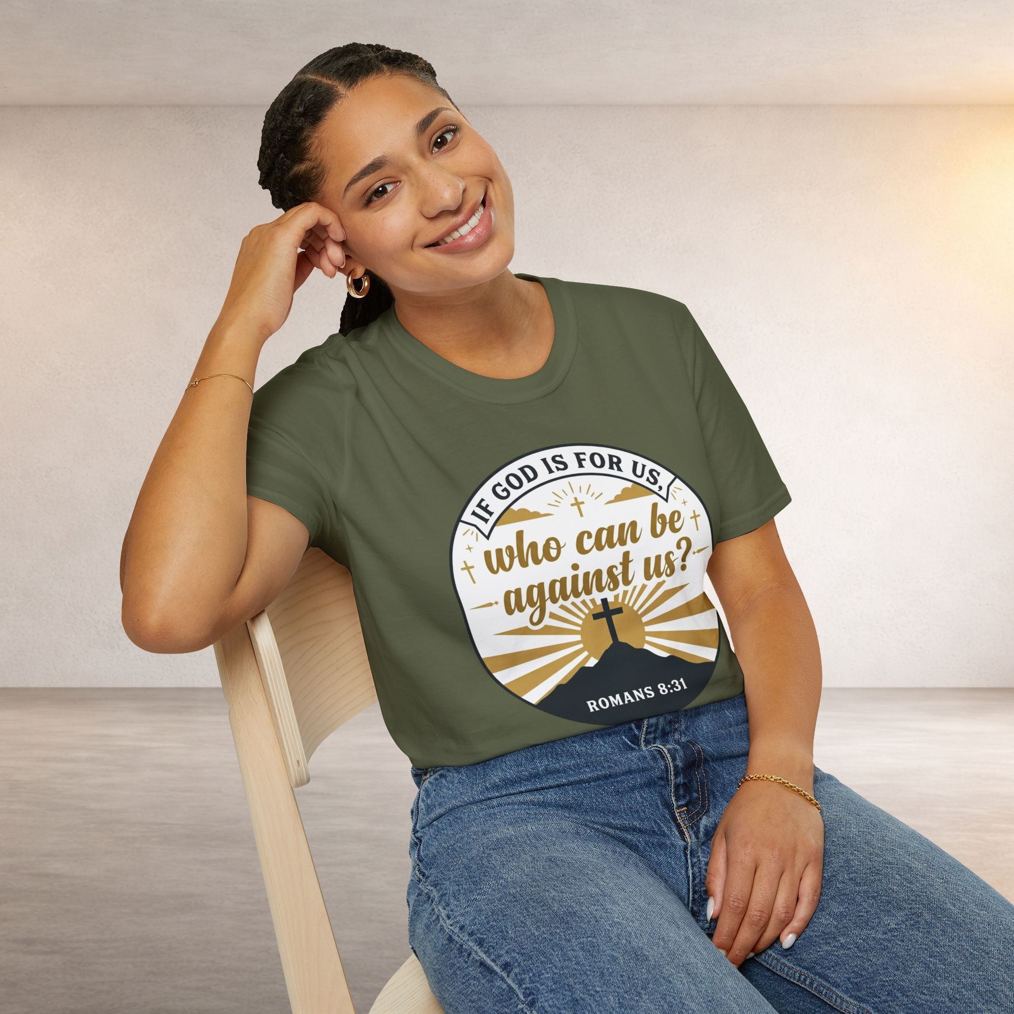 Inspirational Christian T-Shirt — "If God Is For Us, Who Can Be Against Us?" (Romans 8:31)