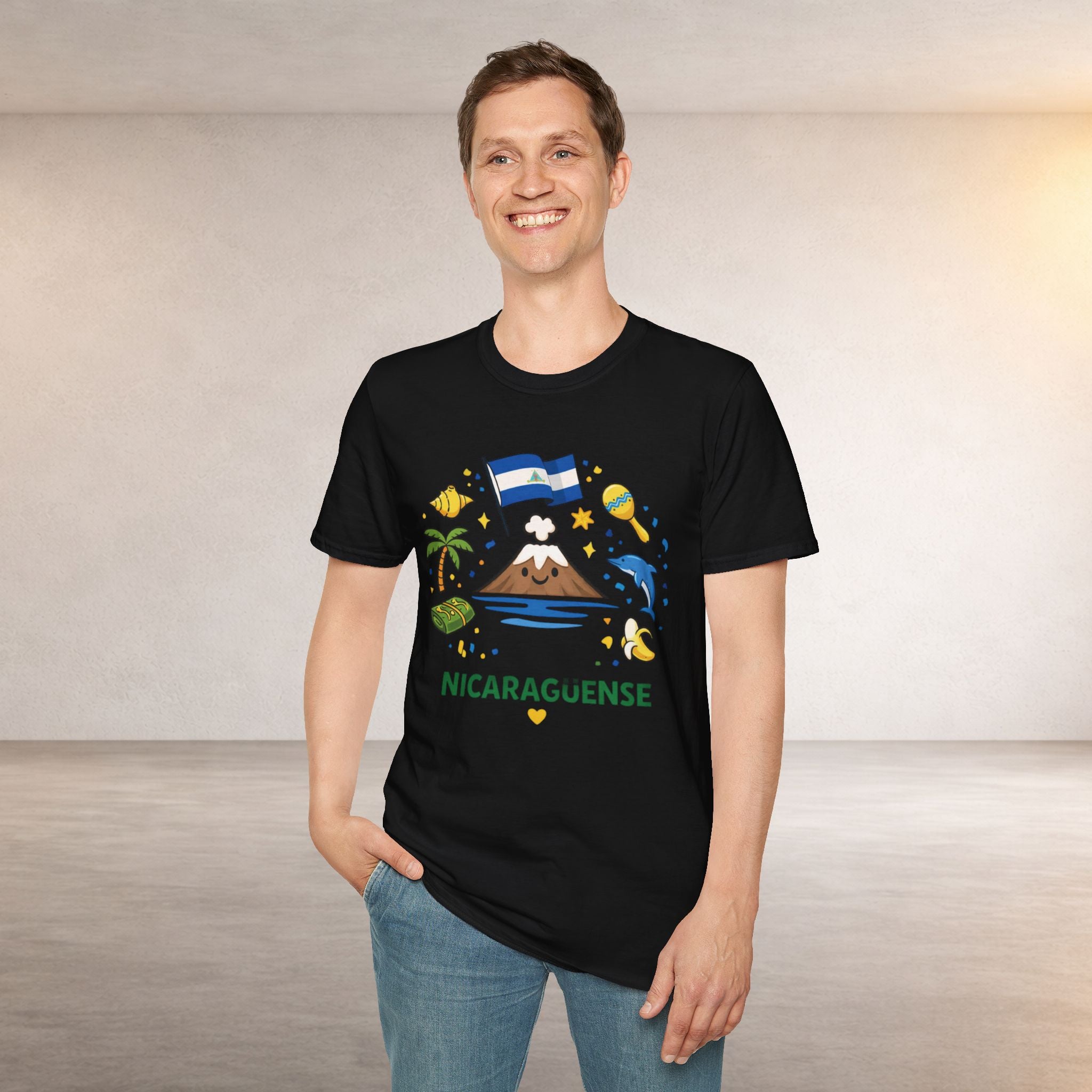 Nicaragüense Graphic T-Shirt — Nicaragua Flag, Volcano & Tropical Icons Tee