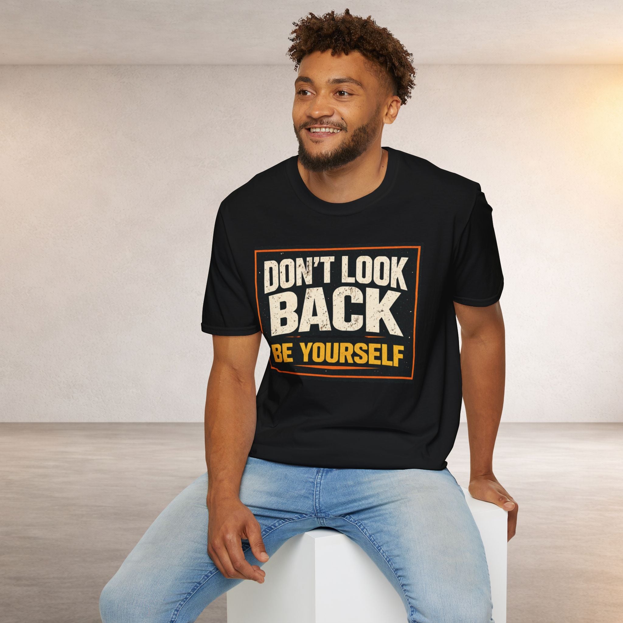 Don't Look Back Graphic Tee — 'Be Yourself' Bold Typography Black T-Shirt