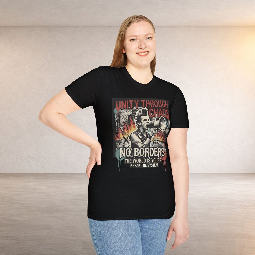 No Borders Protest T-Shirt — "Unity Through Chaos" Megaphone Graphic