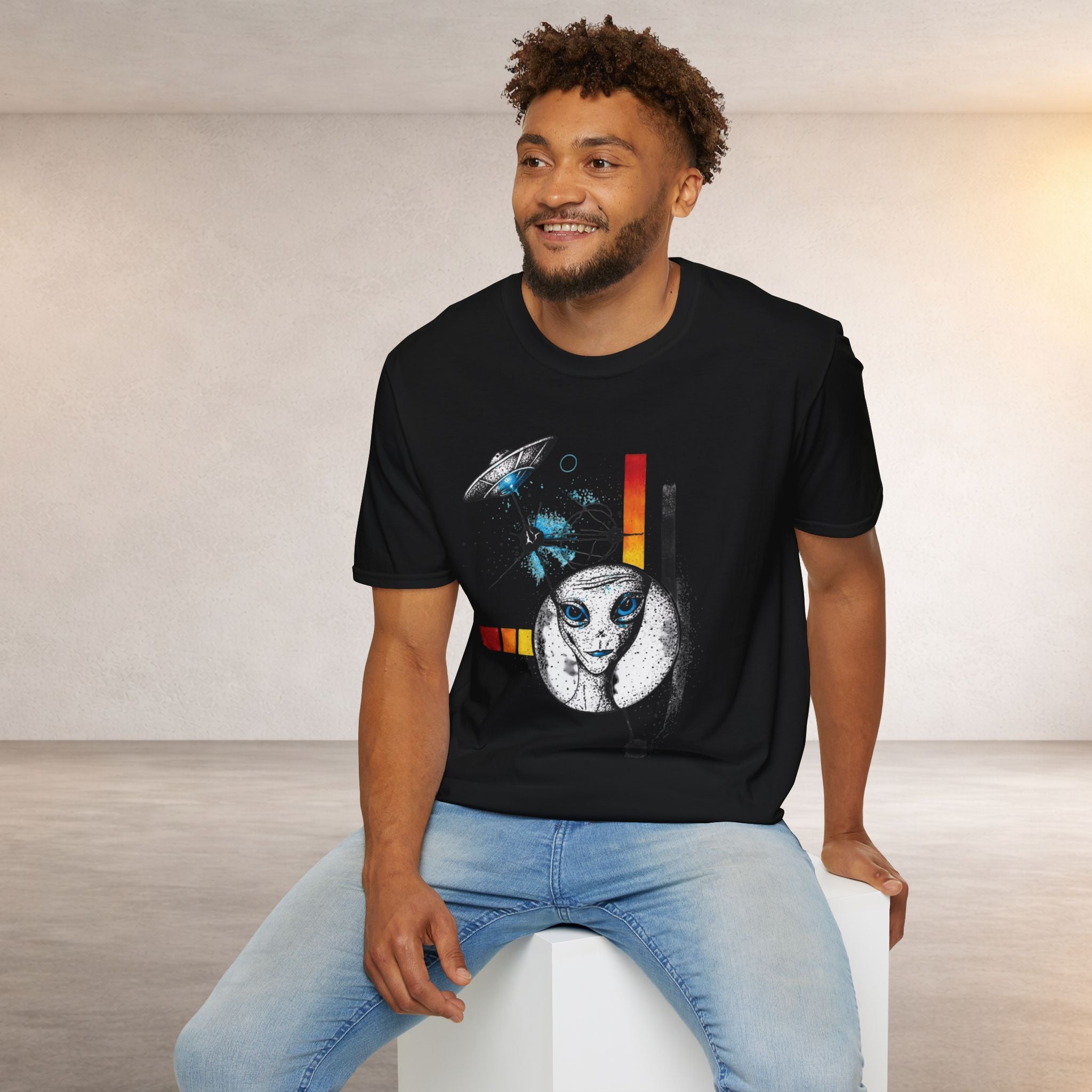 Alien Illustration T‑Shirt – Geometric UFO & Space Cat Graphic Tee