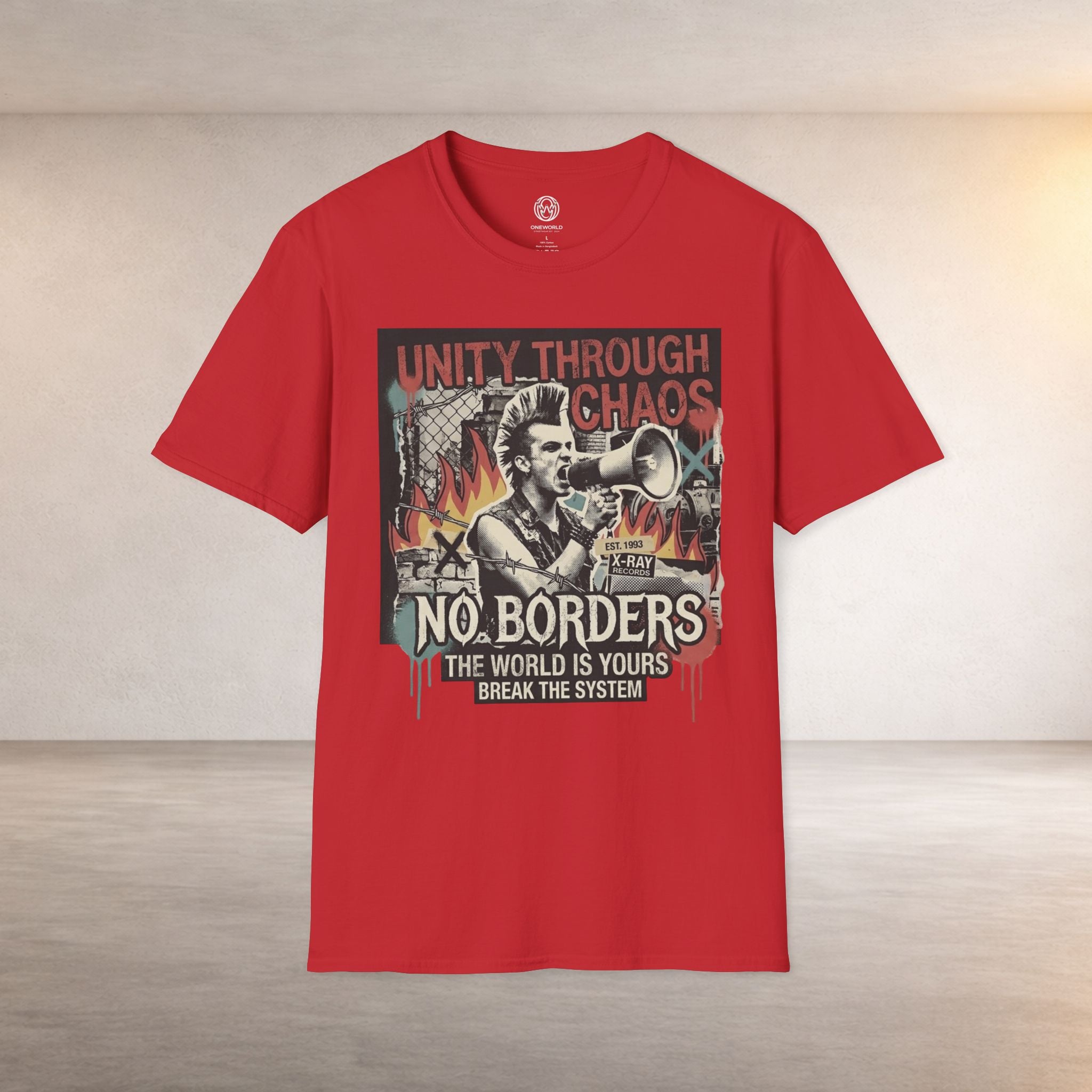 No Borders Protest T-Shirt — "Unity Through Chaos" Megaphone Graphic