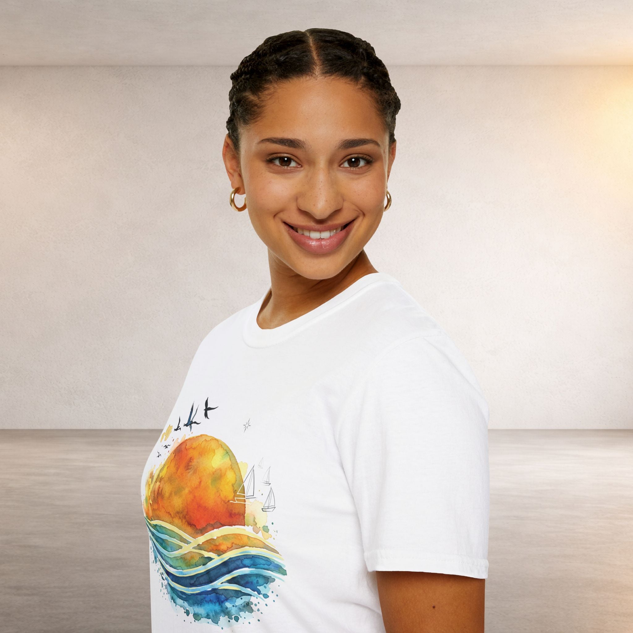 Sunset Waves T-Shirt — Watercolor Ocean Sunset Tee