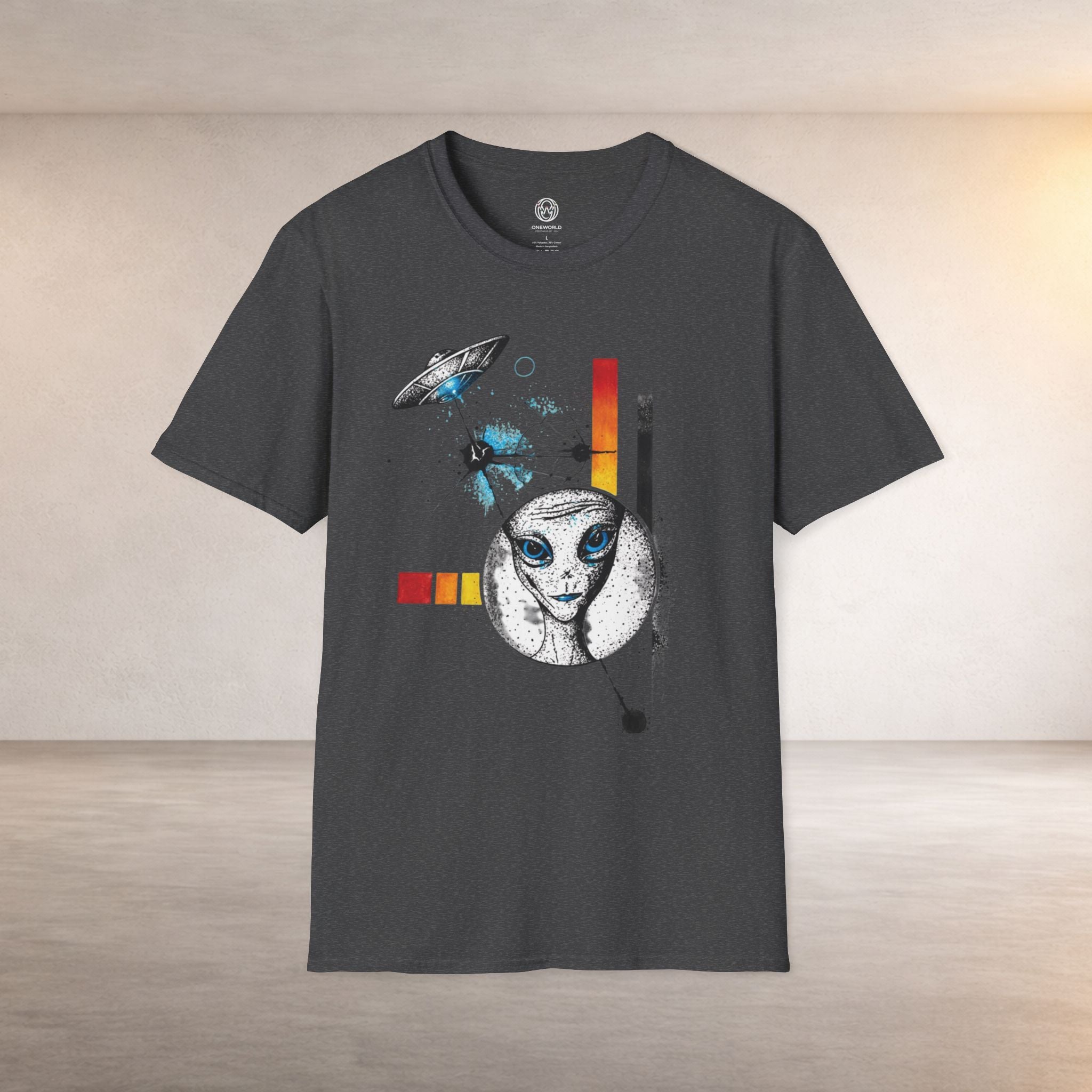 Alien Illustration T‑Shirt – Geometric UFO & Space Cat Graphic Tee
