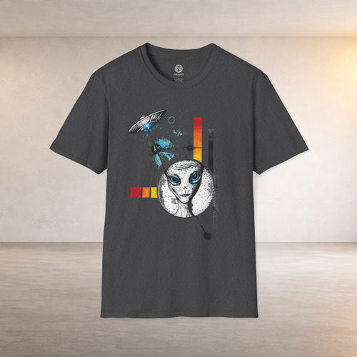 Alien Illustration T‑Shirt – Geometric UFO & Space Cat Graphic Tee