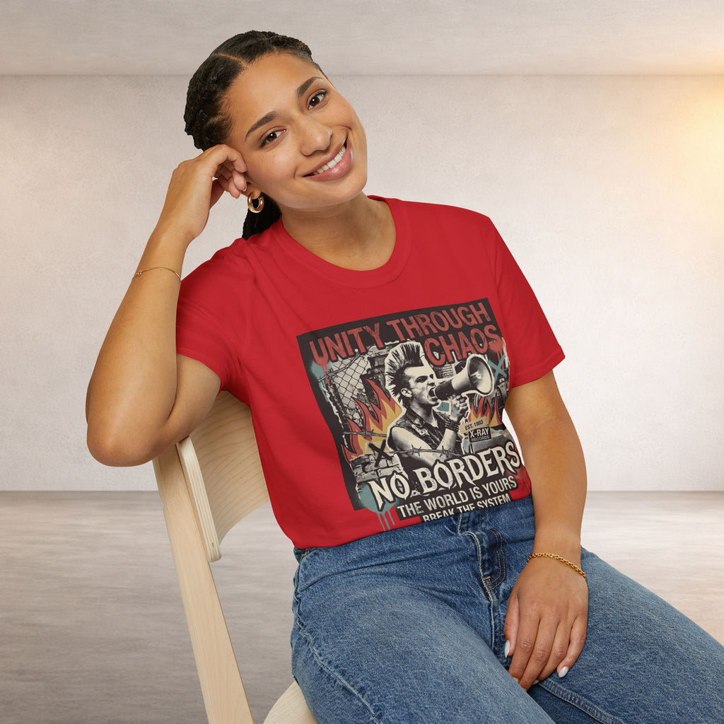 No Borders Protest T-Shirt — "Unity Through Chaos" Megaphone Graphic