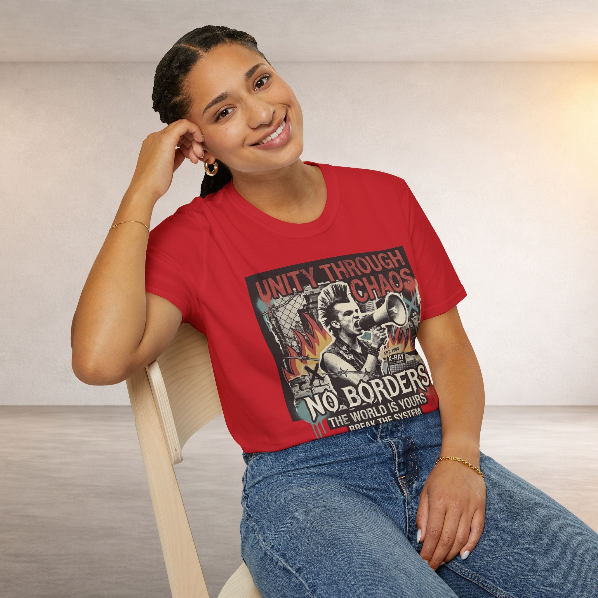 No Borders Protest T-Shirt — "Unity Through Chaos" Megaphone Graphic