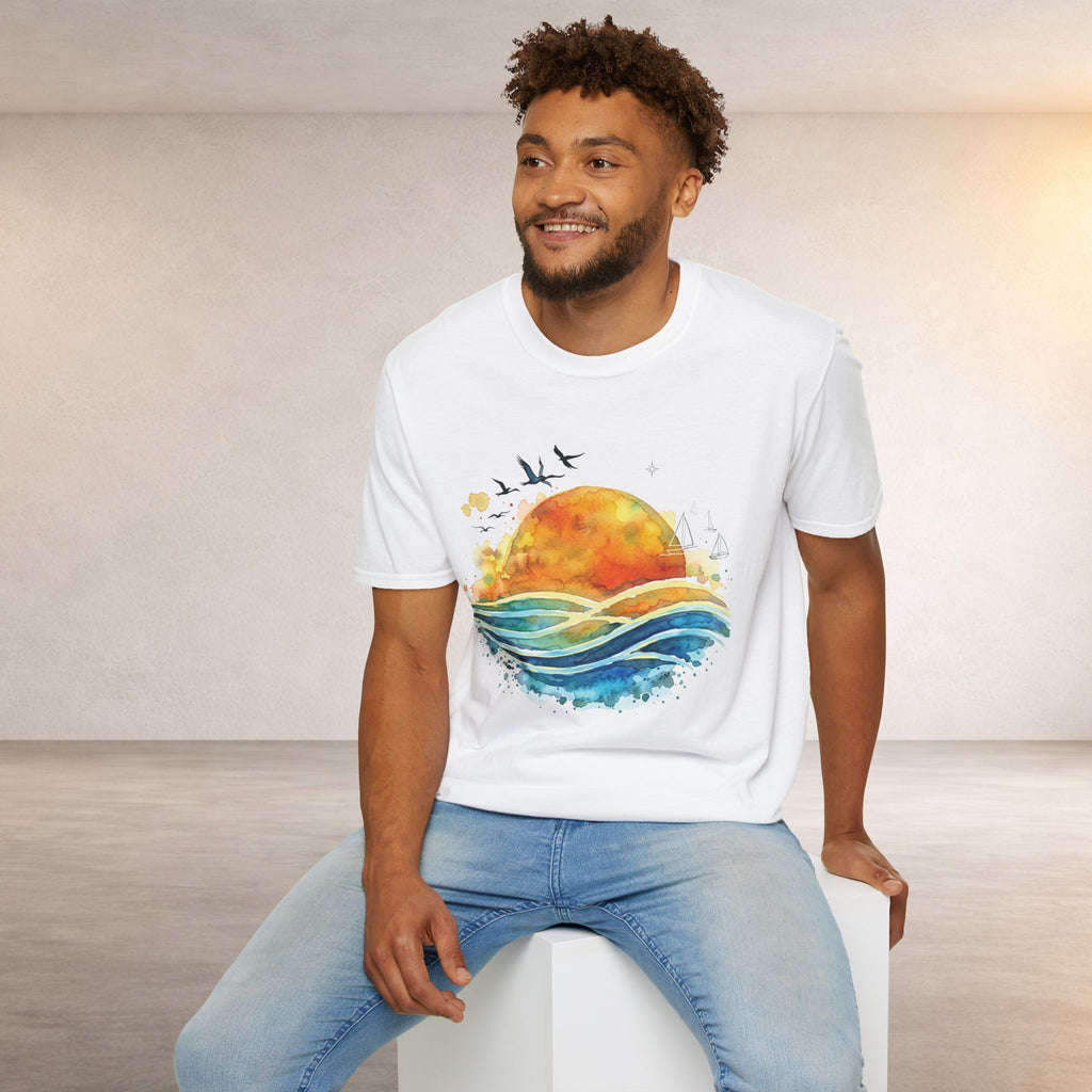 Sunset Waves T-Shirt — Watercolor Ocean Sunset Tee