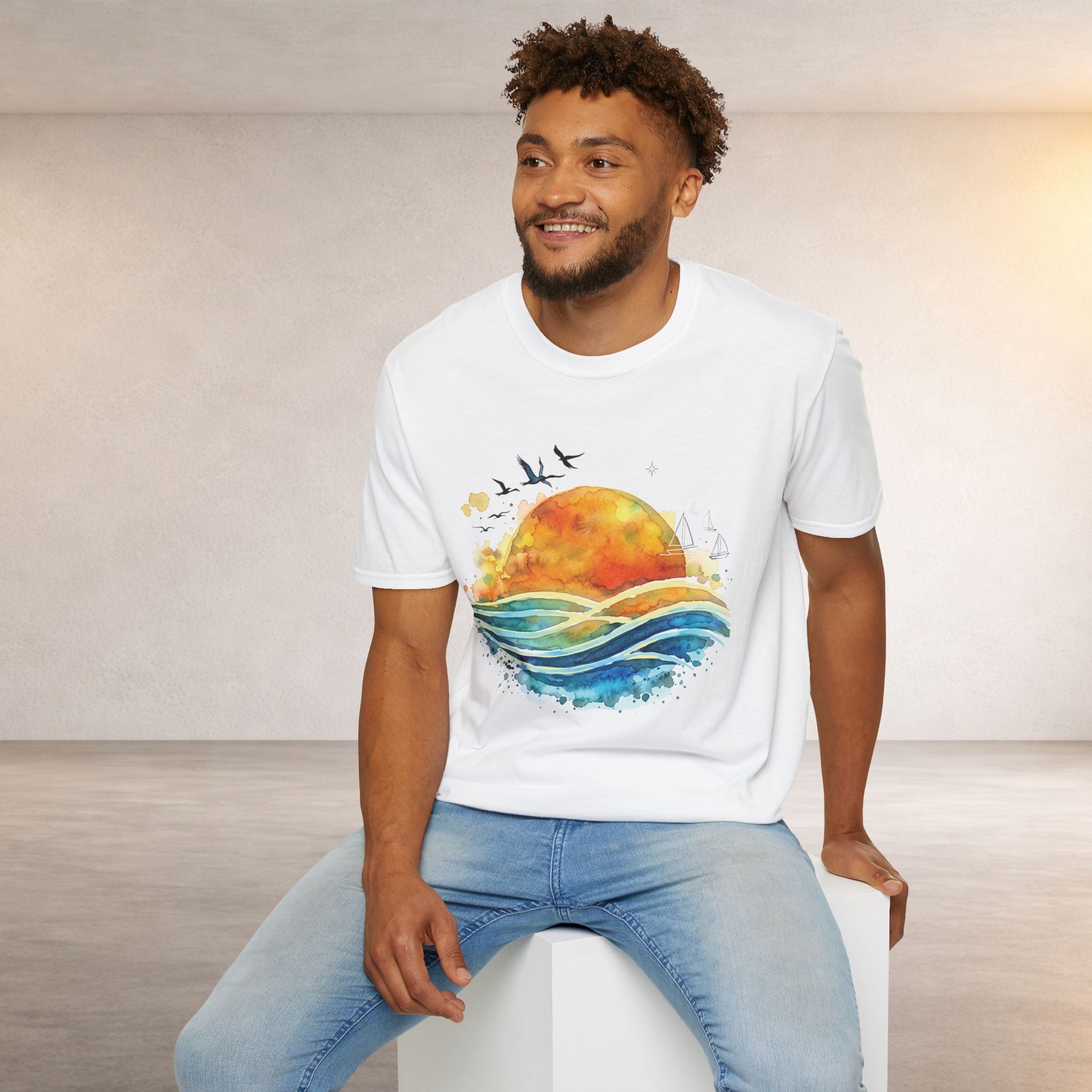 Sunset Waves T-Shirt — Watercolor Ocean Sunset Tee