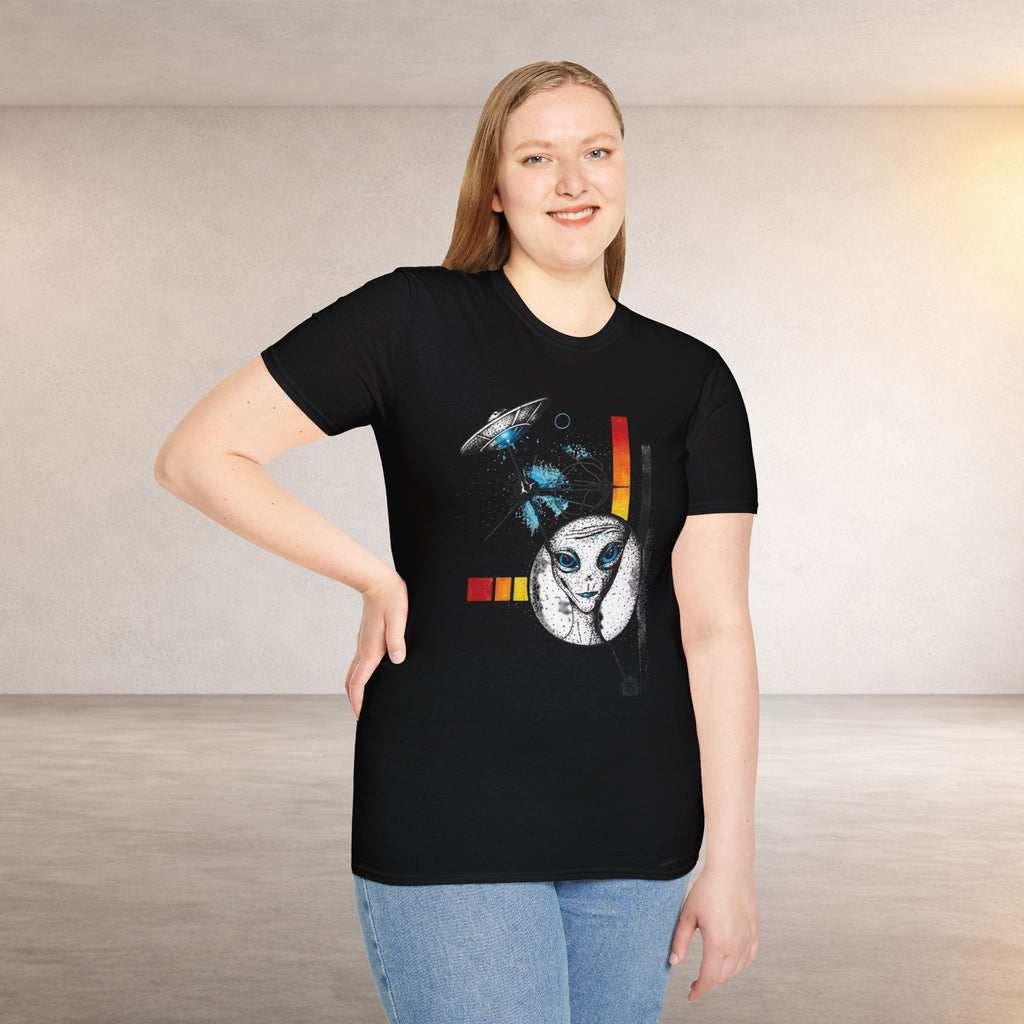 Alien Illustration T‑Shirt – Geometric UFO & Space Cat Graphic Tee