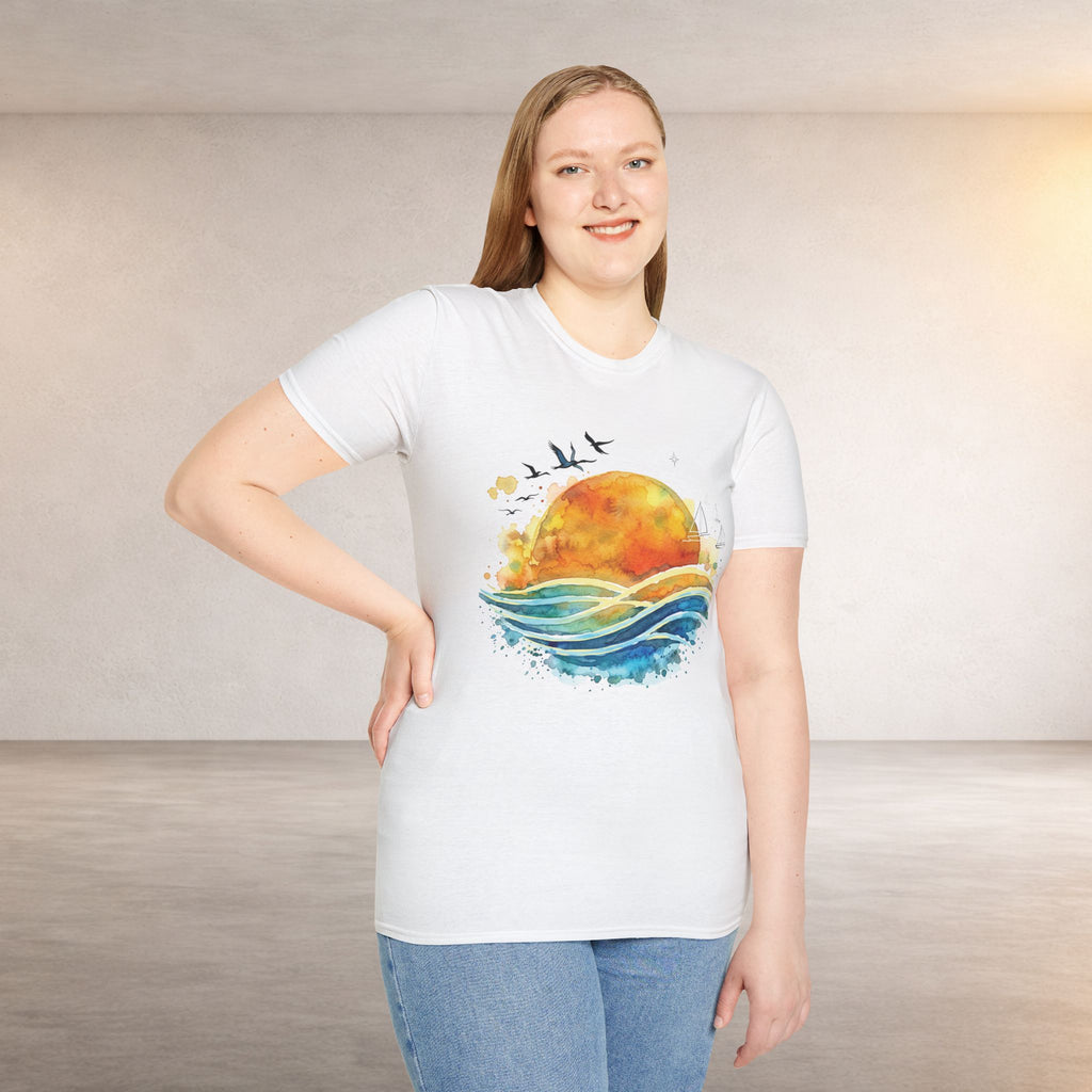 Sunset Waves T-Shirt — Watercolor Ocean Sunset Tee