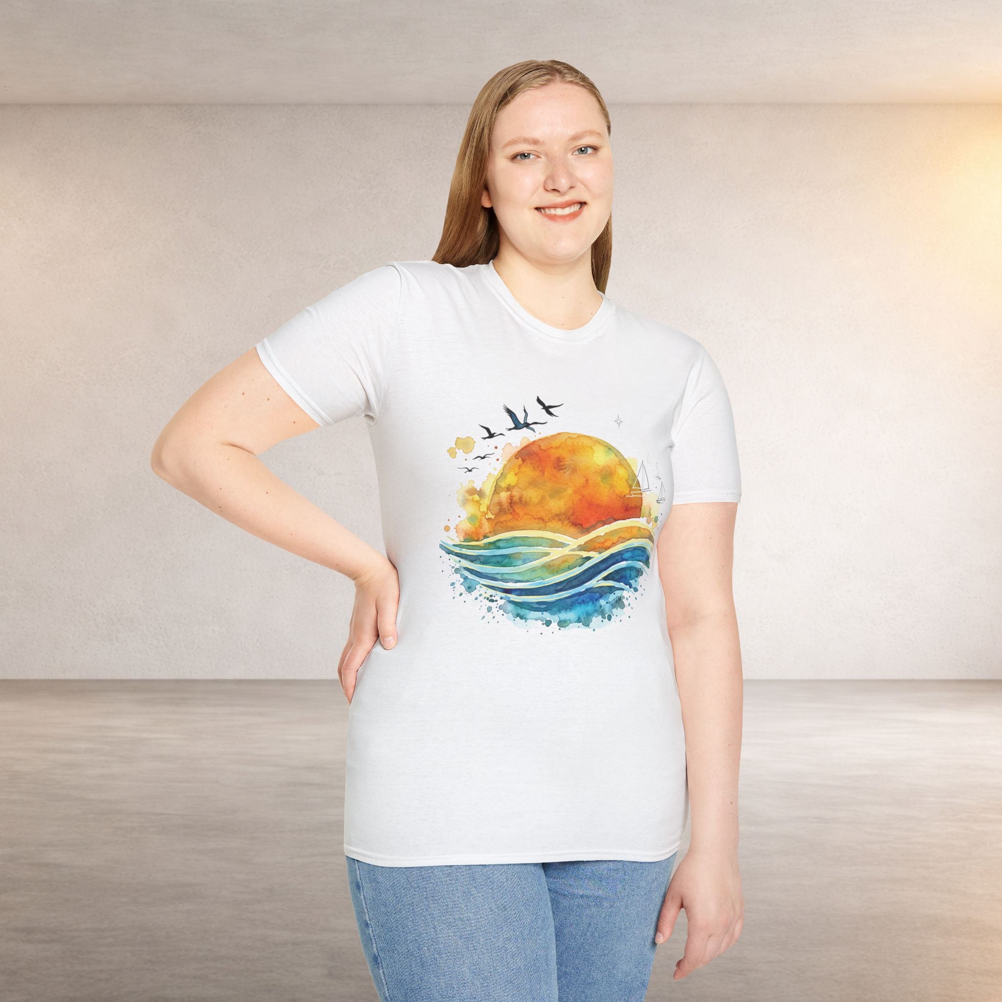 Sunset Waves T-Shirt — Watercolor Ocean Sunset Tee