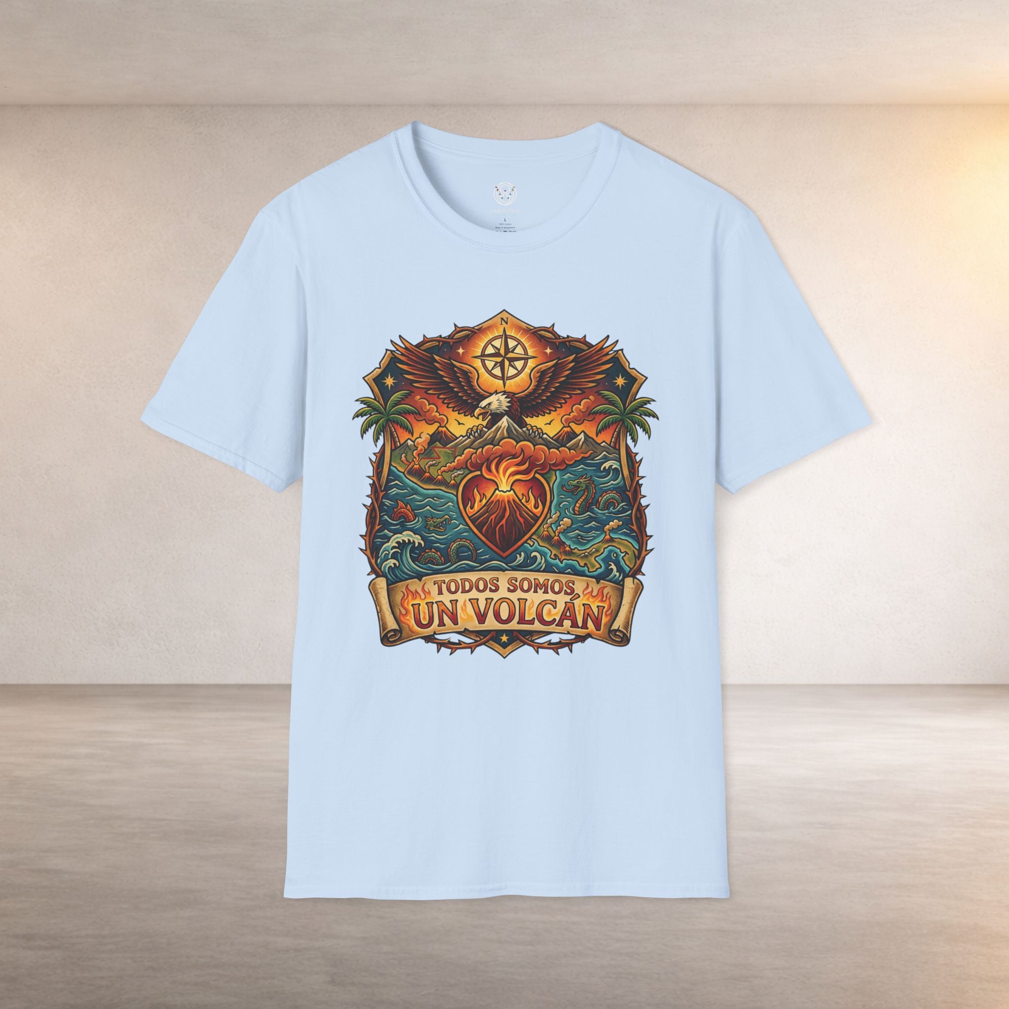 T-Shirt — 'Todos Somos Un Volcán' Vintage Heart & Volcano Graphic