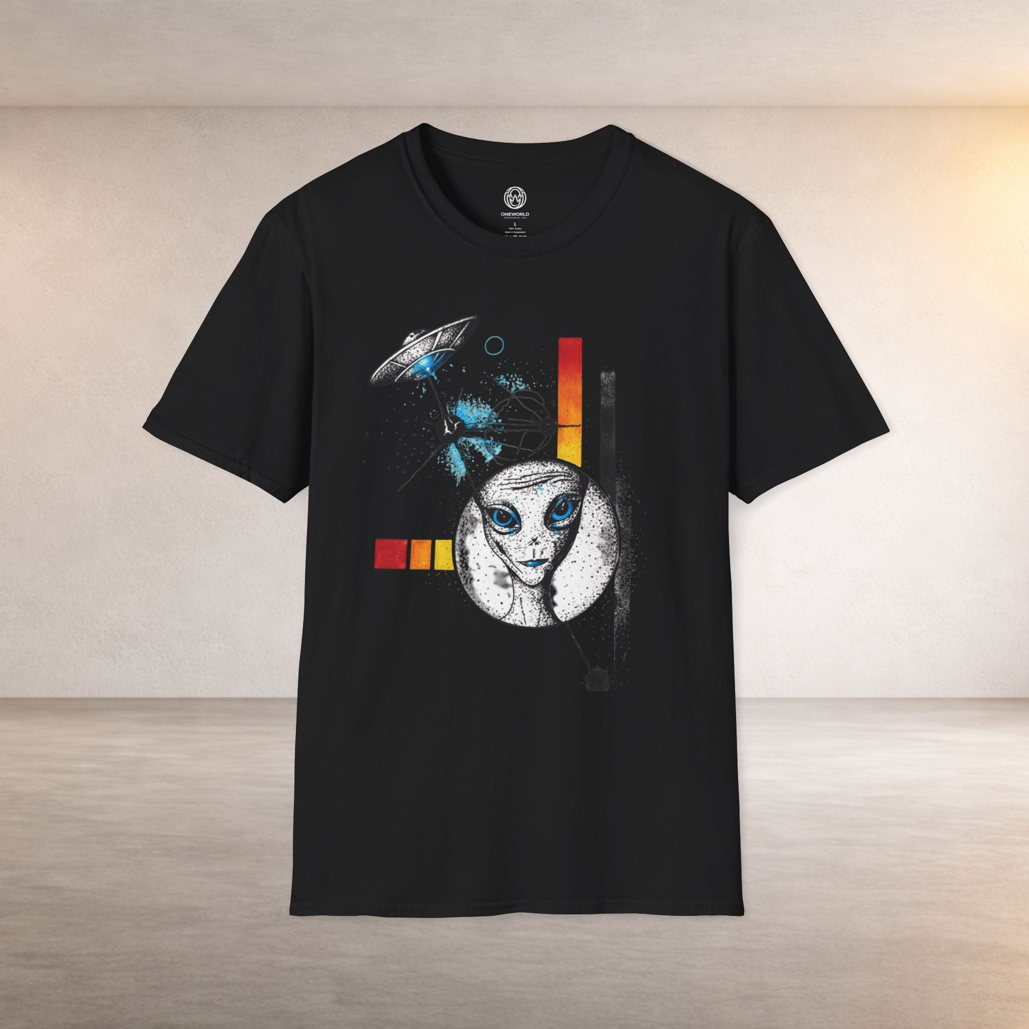 Alien Illustration T‑Shirt – Geometric UFO & Space Cat Graphic Tee