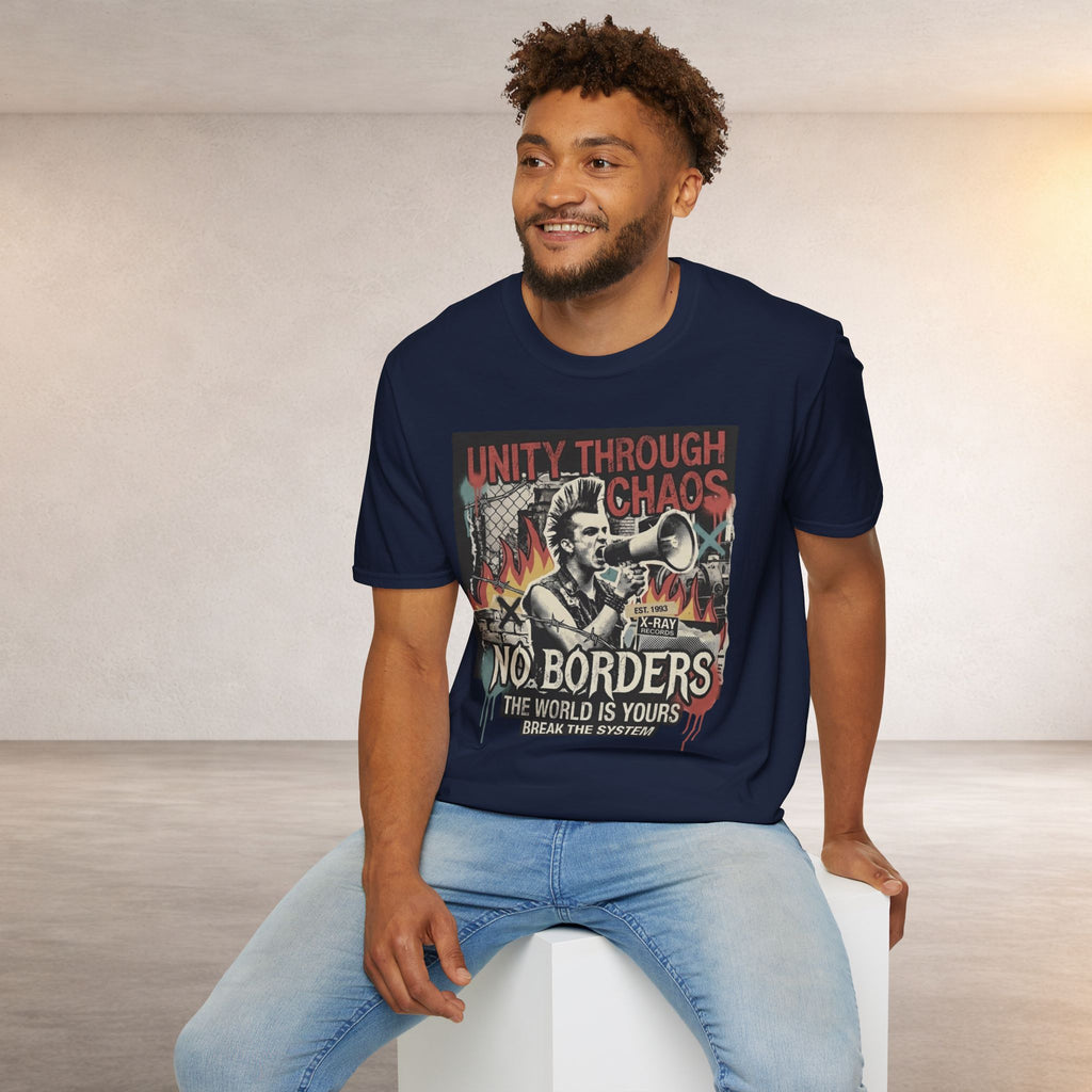 No Borders Protest T-Shirt — "Unity Through Chaos" Megaphone Graphic
