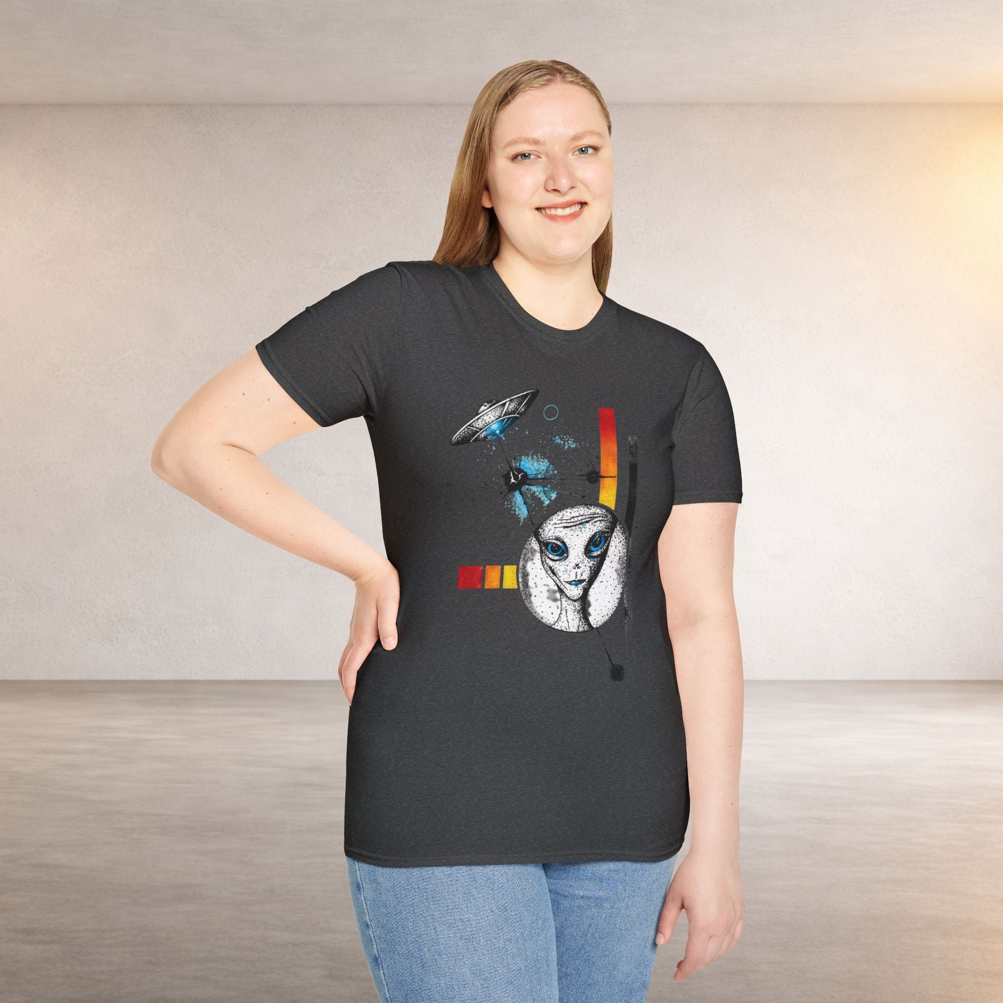 Alien Illustration T‑Shirt – Geometric UFO & Space Cat Graphic Tee