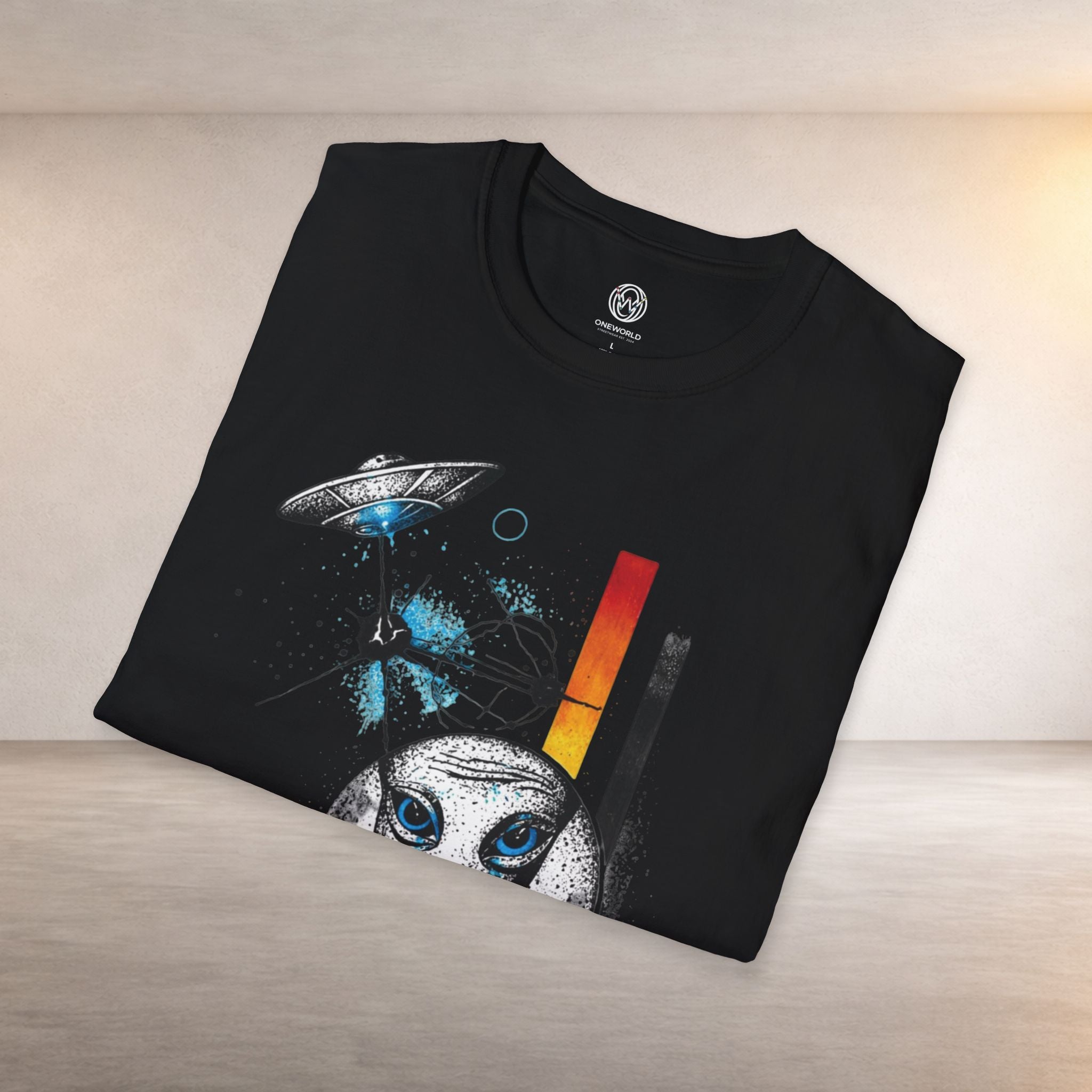 Alien Illustration T‑Shirt – Geometric UFO & Space Cat Graphic Tee