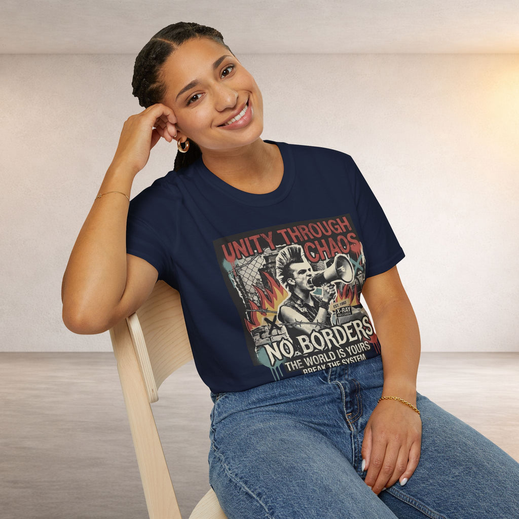 No Borders Protest T-Shirt — "Unity Through Chaos" Megaphone Graphic