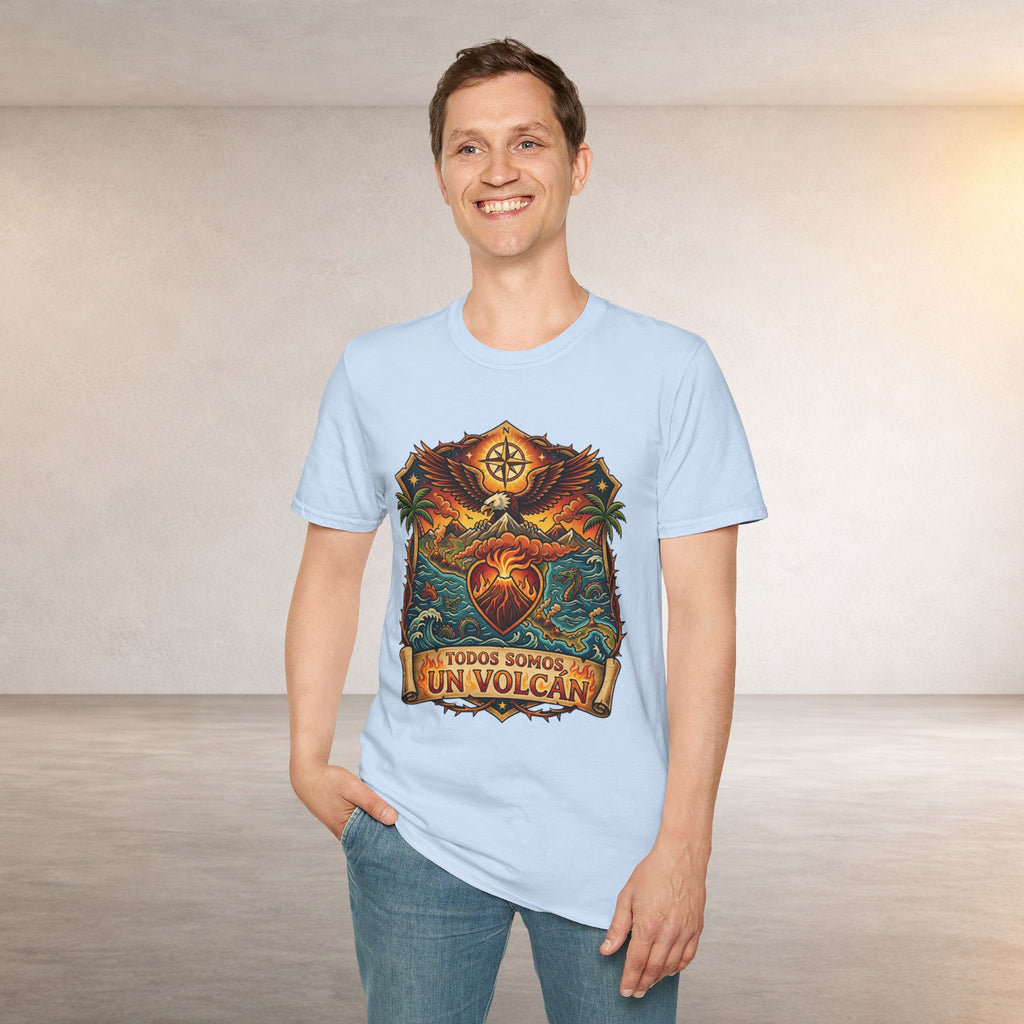 T-Shirt — 'Todos Somos Un Volcán' Vintage Heart & Volcano Graphic