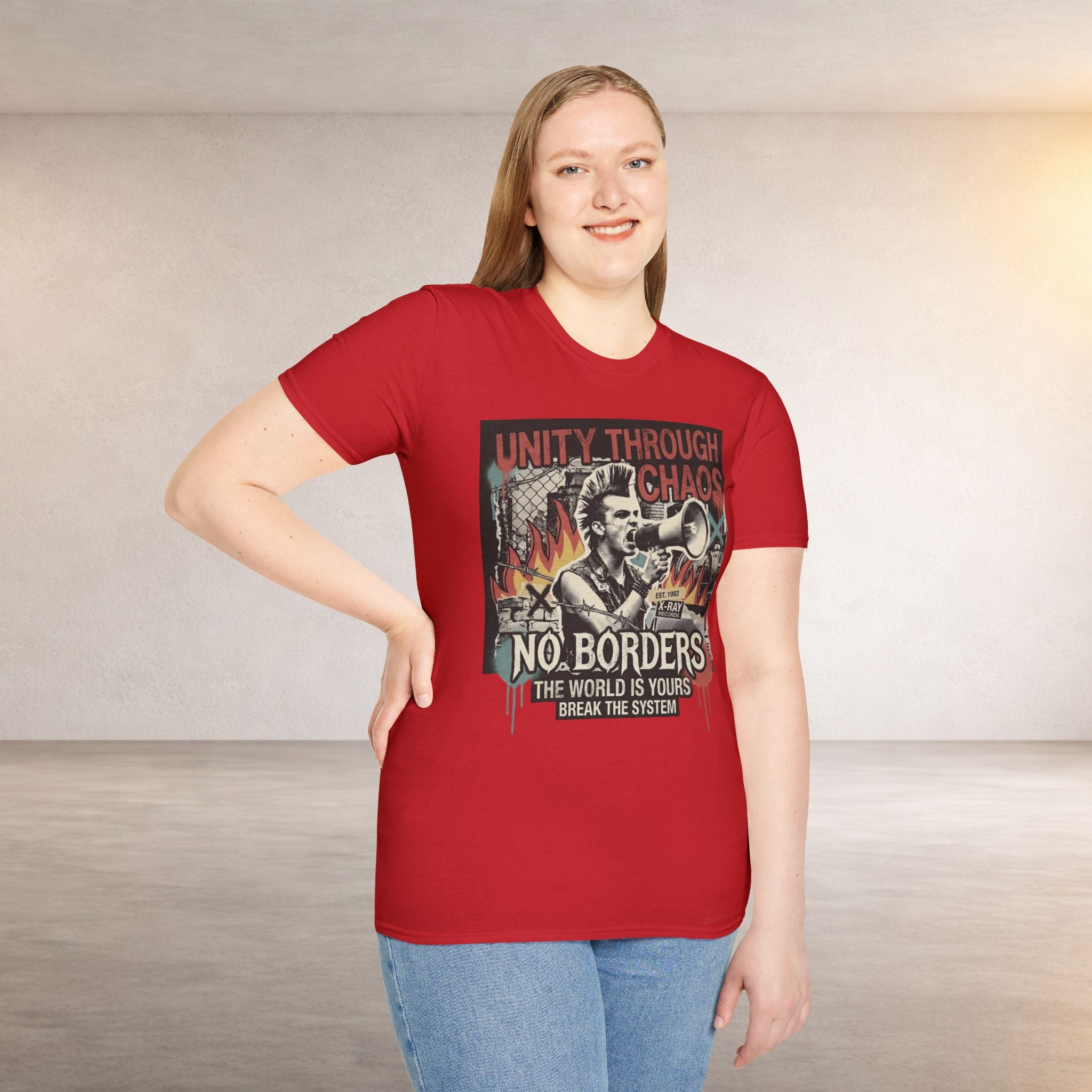 No Borders Protest T-Shirt — "Unity Through Chaos" Megaphone Graphic