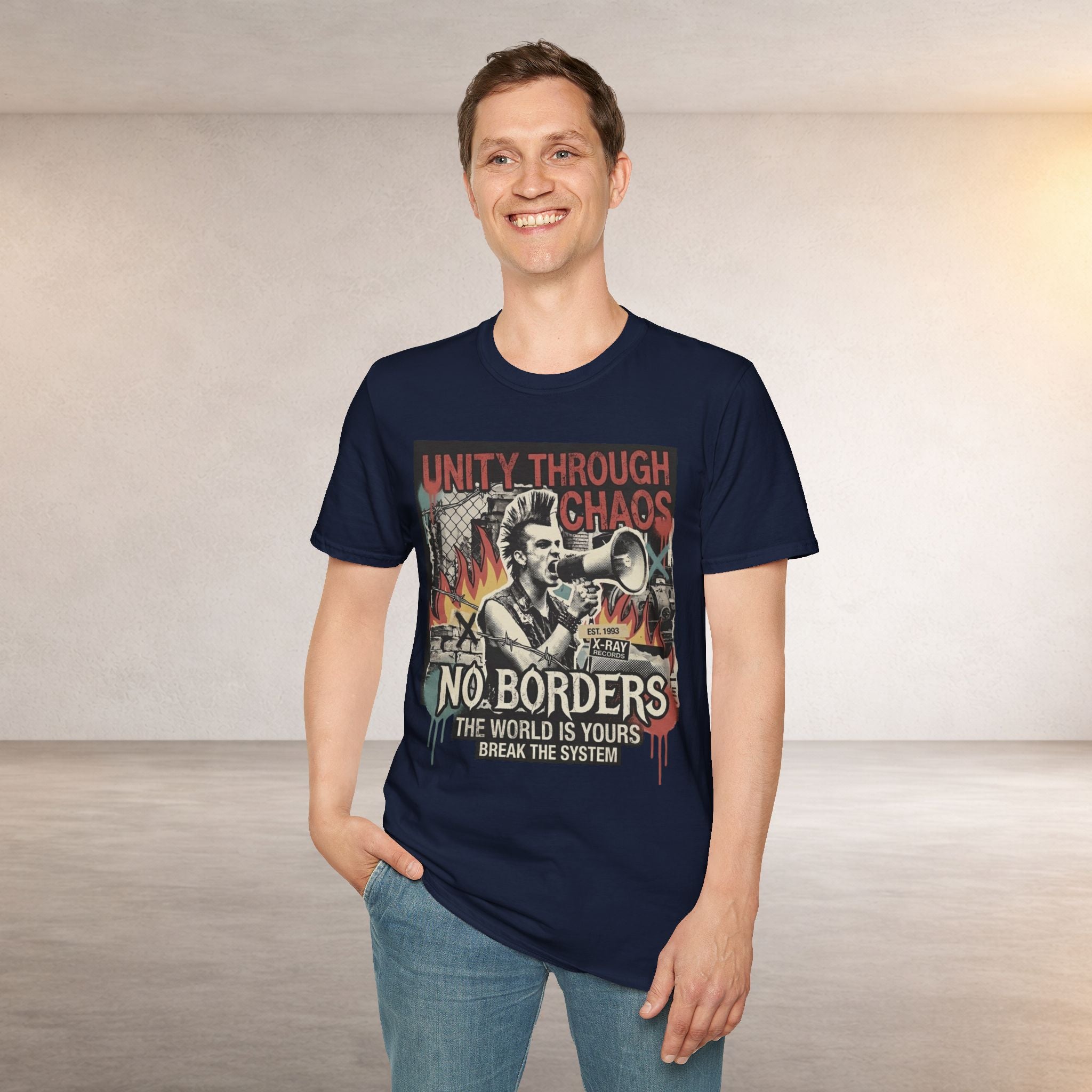 No Borders Protest T-Shirt — "Unity Through Chaos" Megaphone Graphic