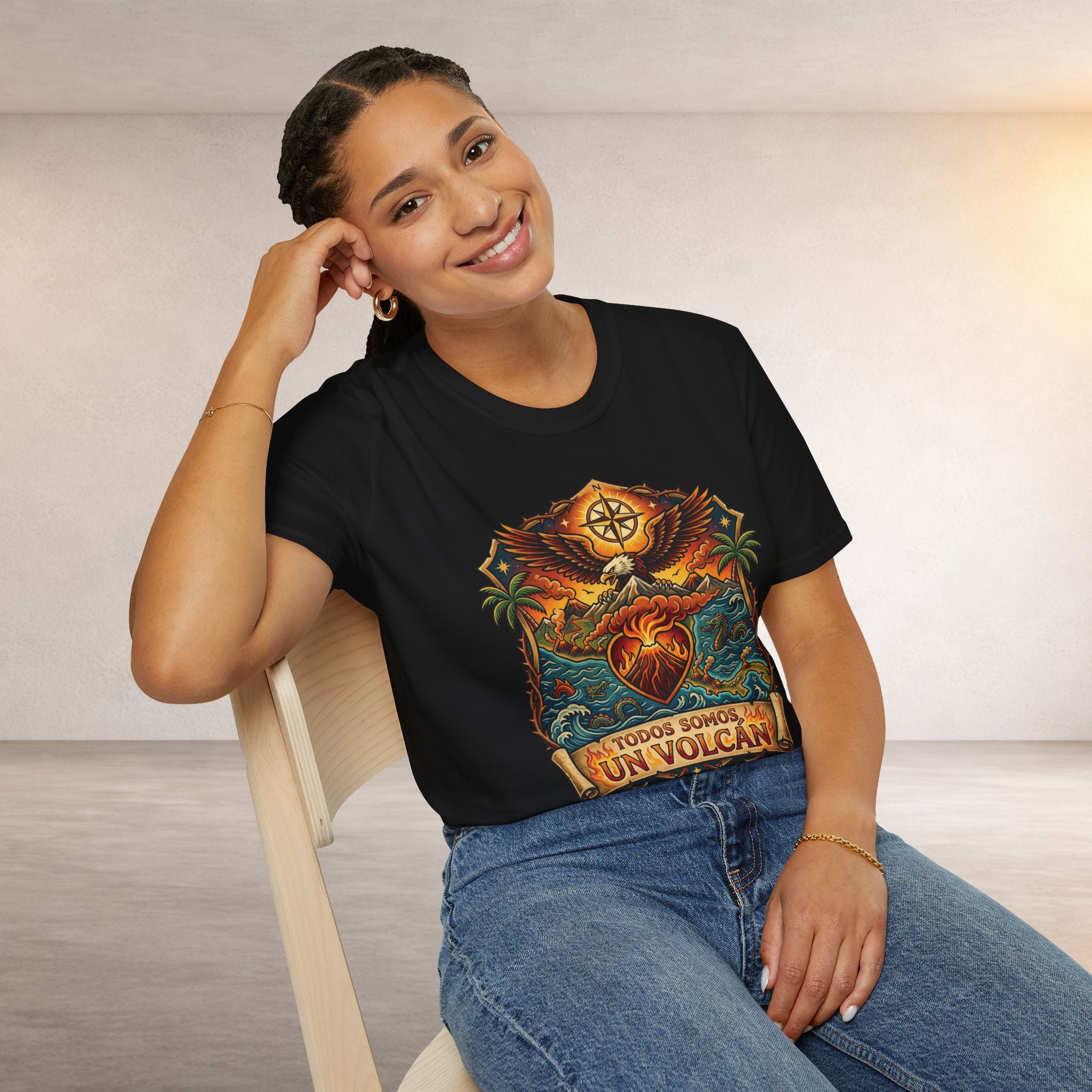 T-Shirt — 'Todos Somos Un Volcán' Vintage Heart & Volcano Graphic