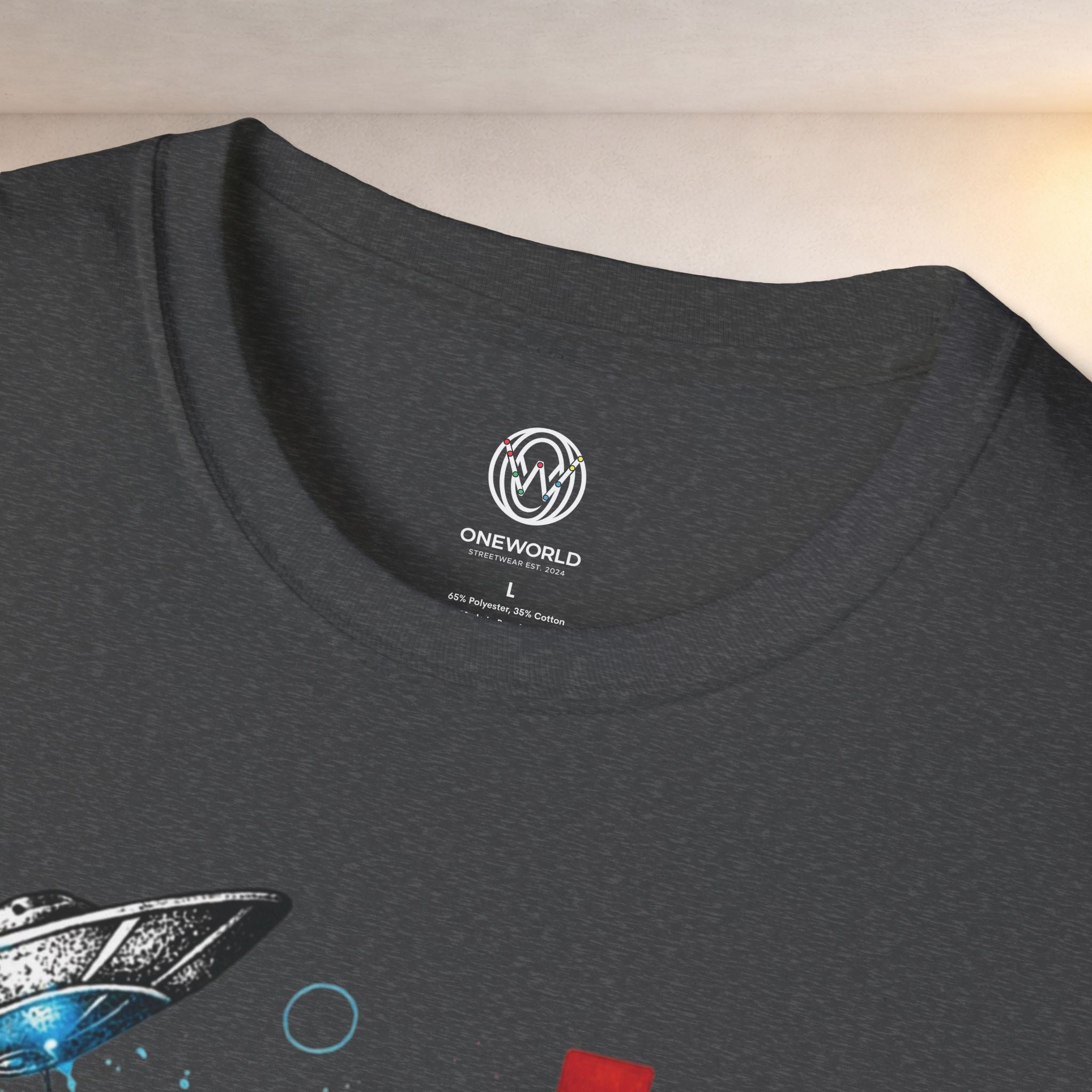 Alien Illustration T‑Shirt – Geometric UFO & Space Cat Graphic Tee