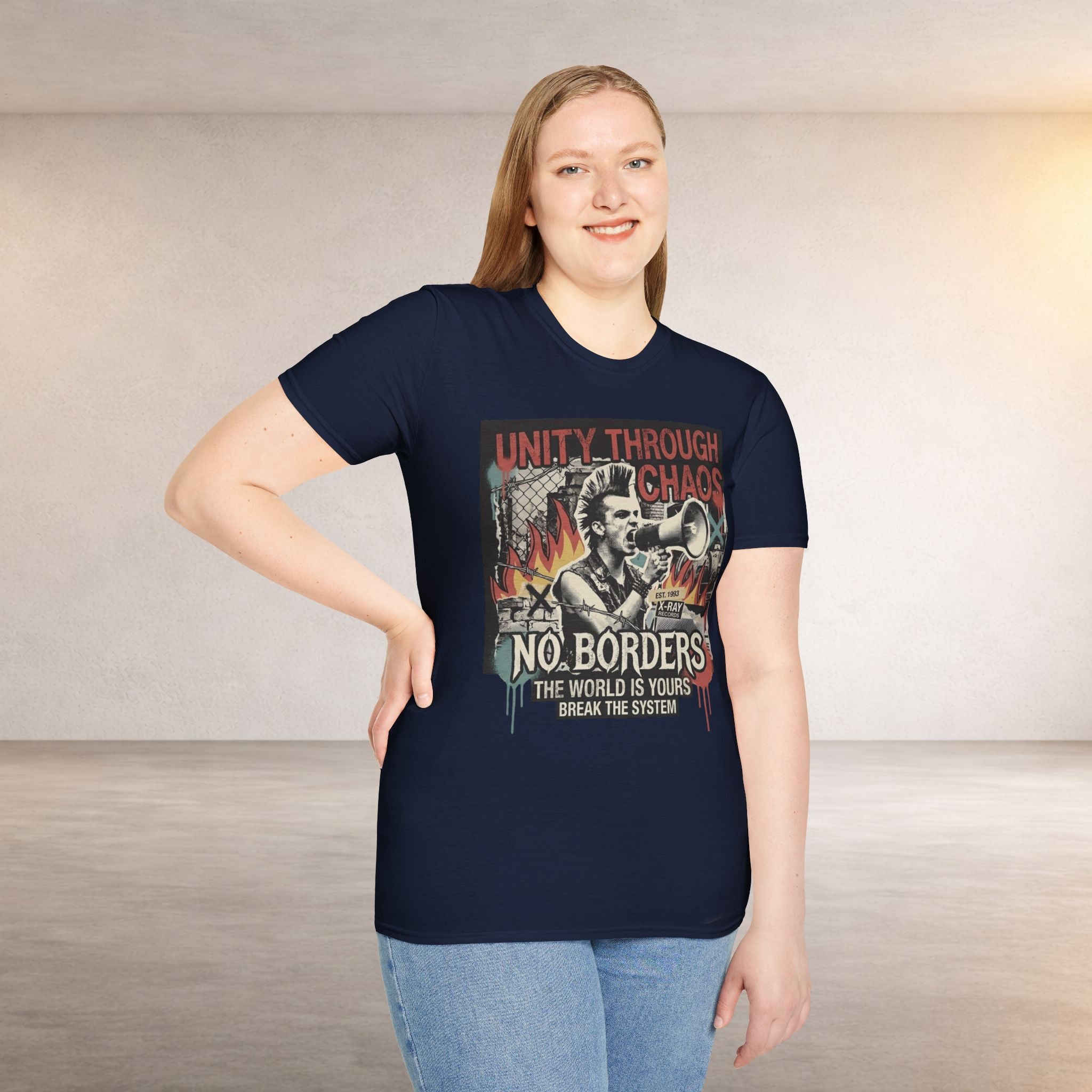 No Borders Protest T-Shirt — "Unity Through Chaos" Megaphone Graphic
