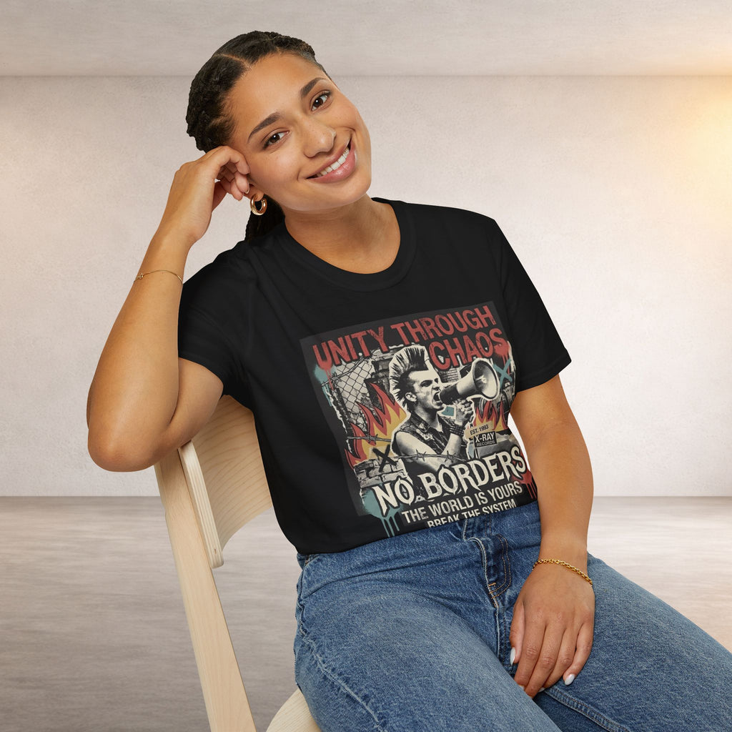 No Borders Protest T-Shirt — "Unity Through Chaos" Megaphone Graphic