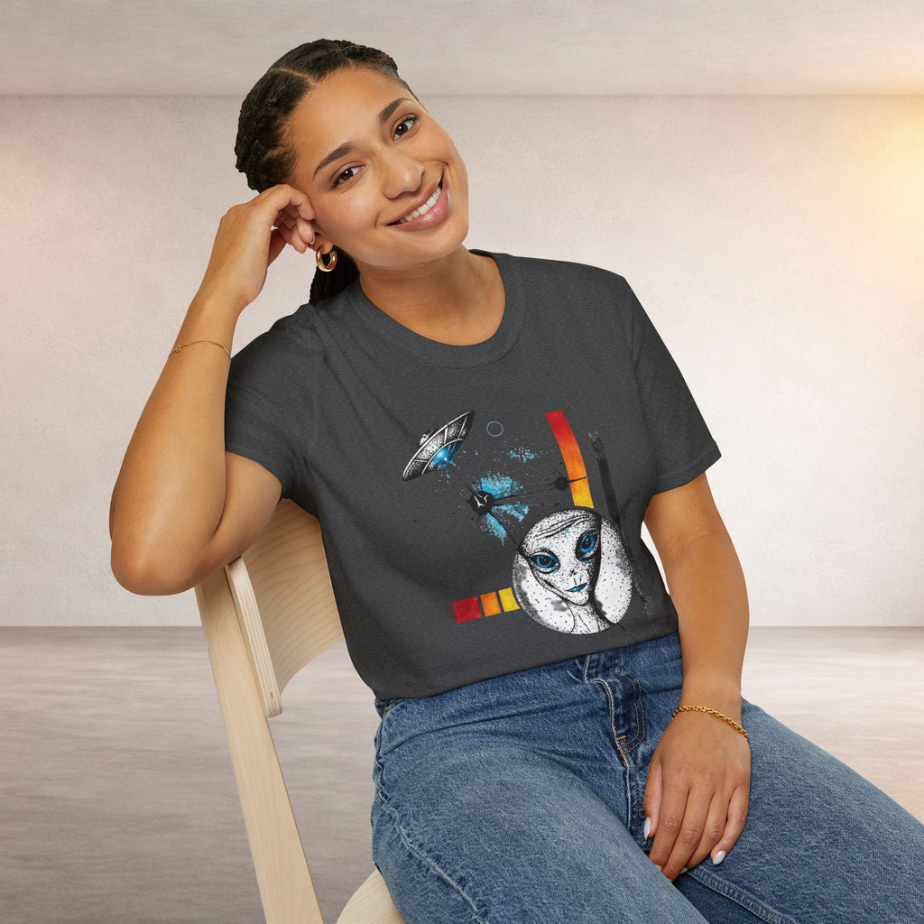 Alien Illustration T‑Shirt – Geometric UFO & Space Cat Graphic Tee