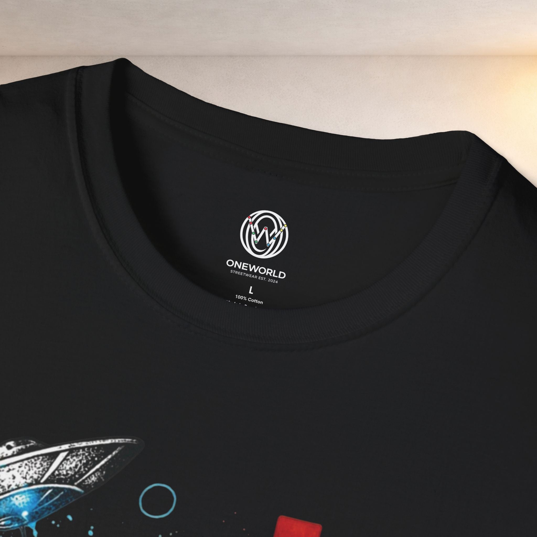 Alien Illustration T‑Shirt – Geometric UFO & Space Cat Graphic Tee