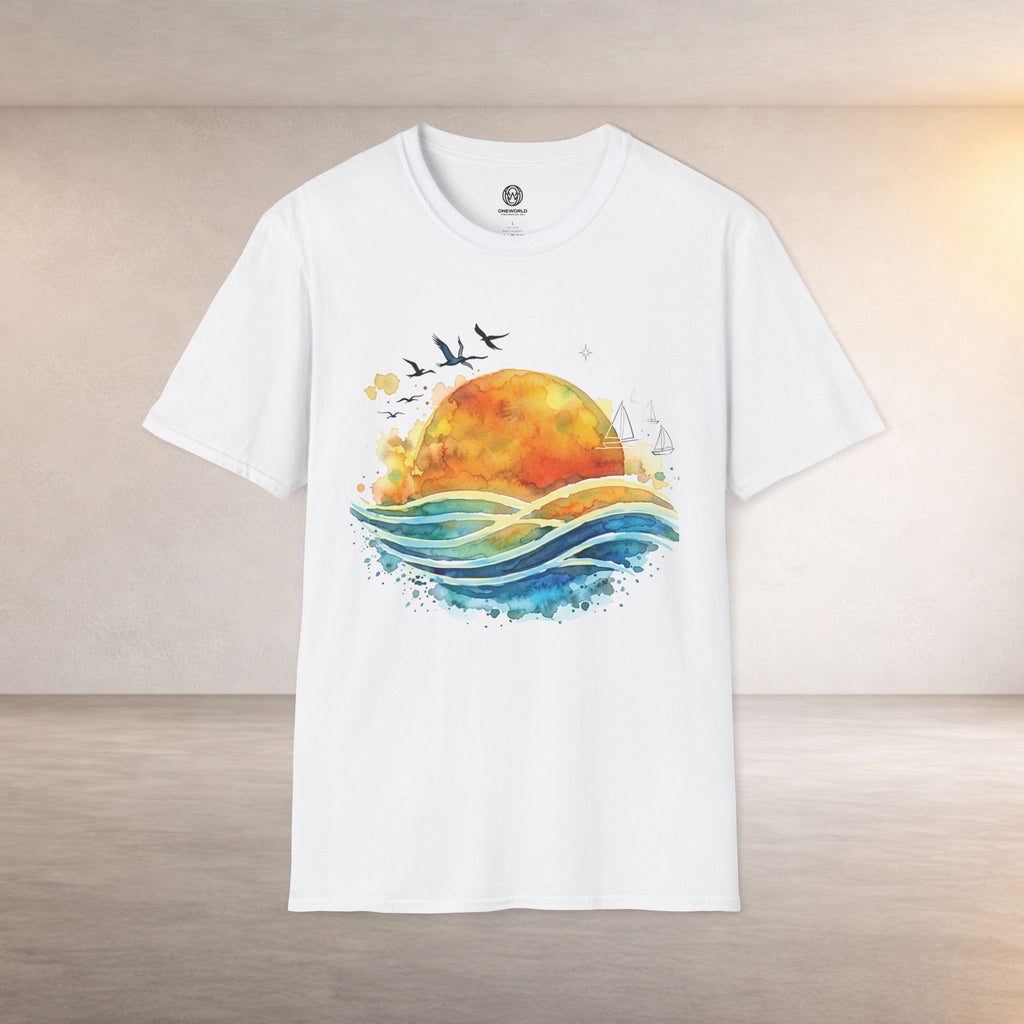 Sunset Waves T-Shirt — Watercolor Ocean Sunset Tee