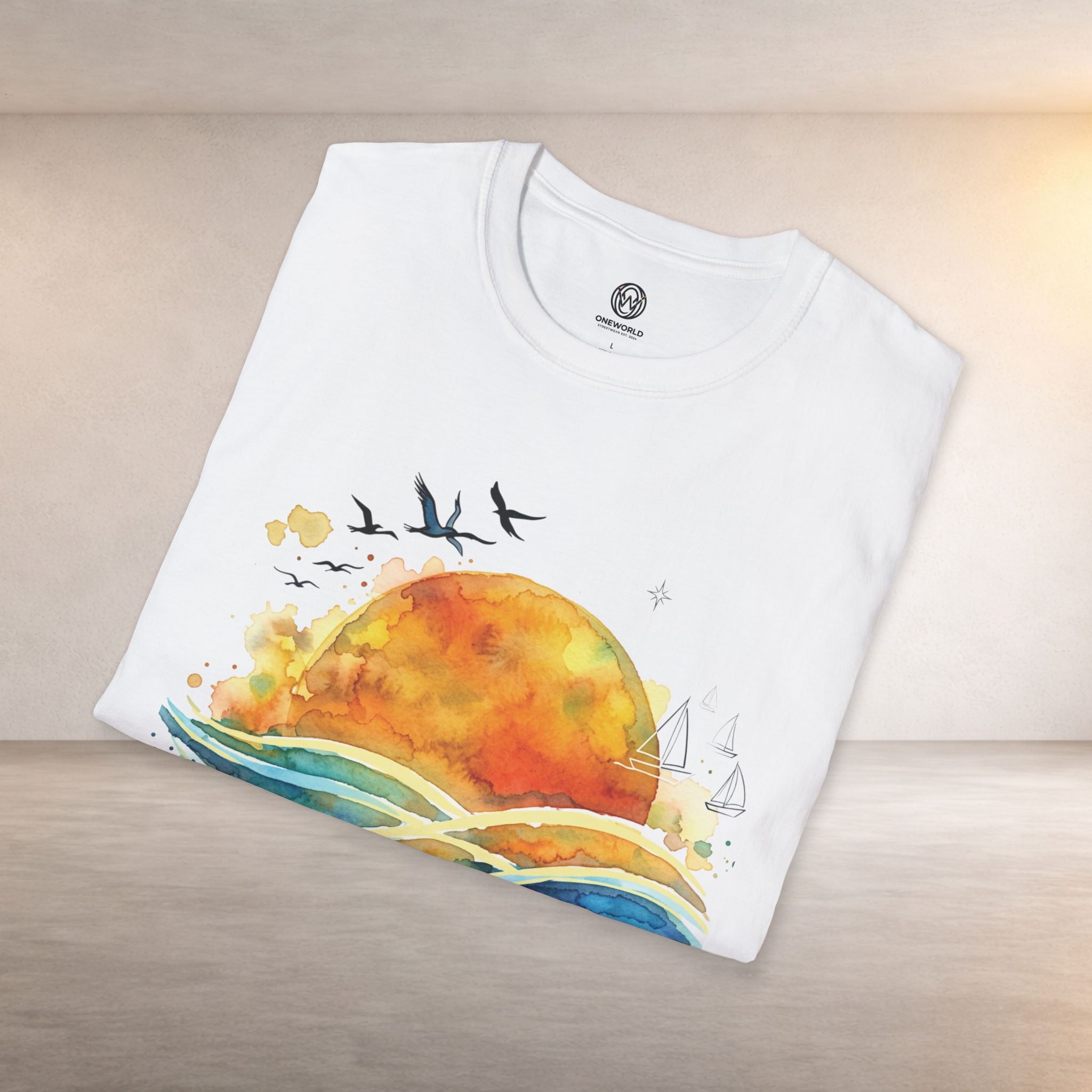 Sunset Waves T-Shirt — Watercolor Ocean Sunset Tee