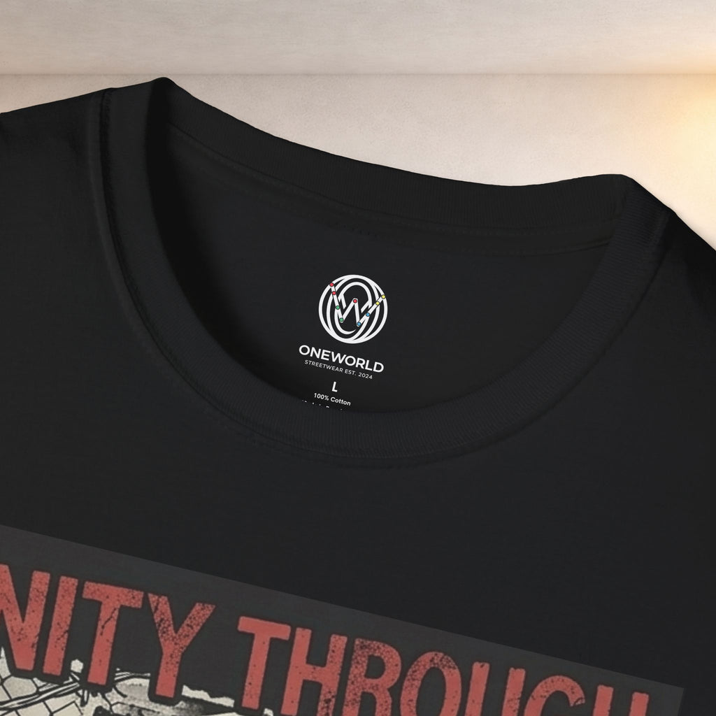 No Borders Protest T-Shirt — "Unity Through Chaos" Megaphone Graphic