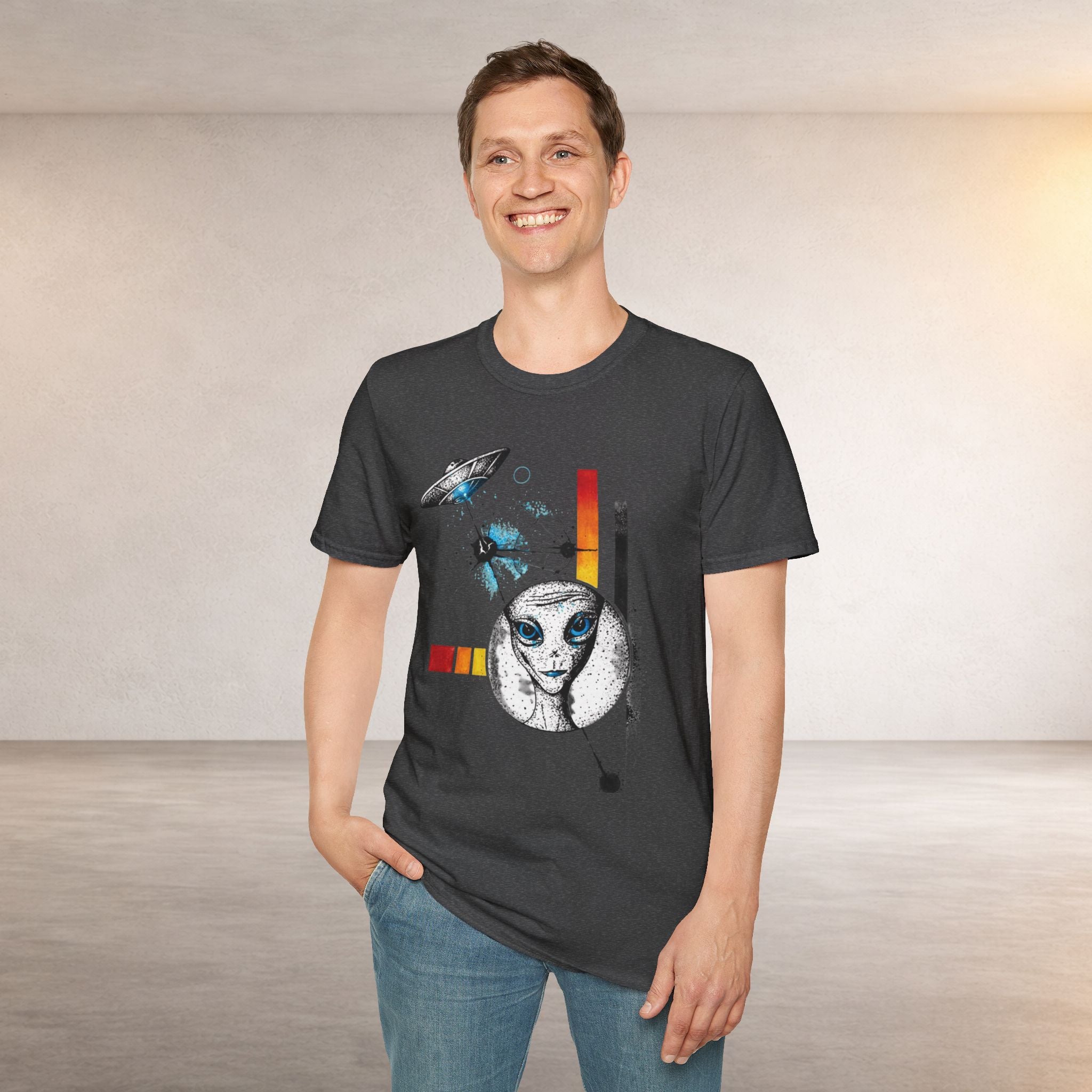 Alien Illustration T‑Shirt – Geometric UFO & Space Cat Graphic Tee