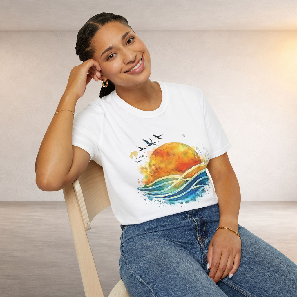 Sunset Waves T-Shirt — Watercolor Ocean Sunset Tee