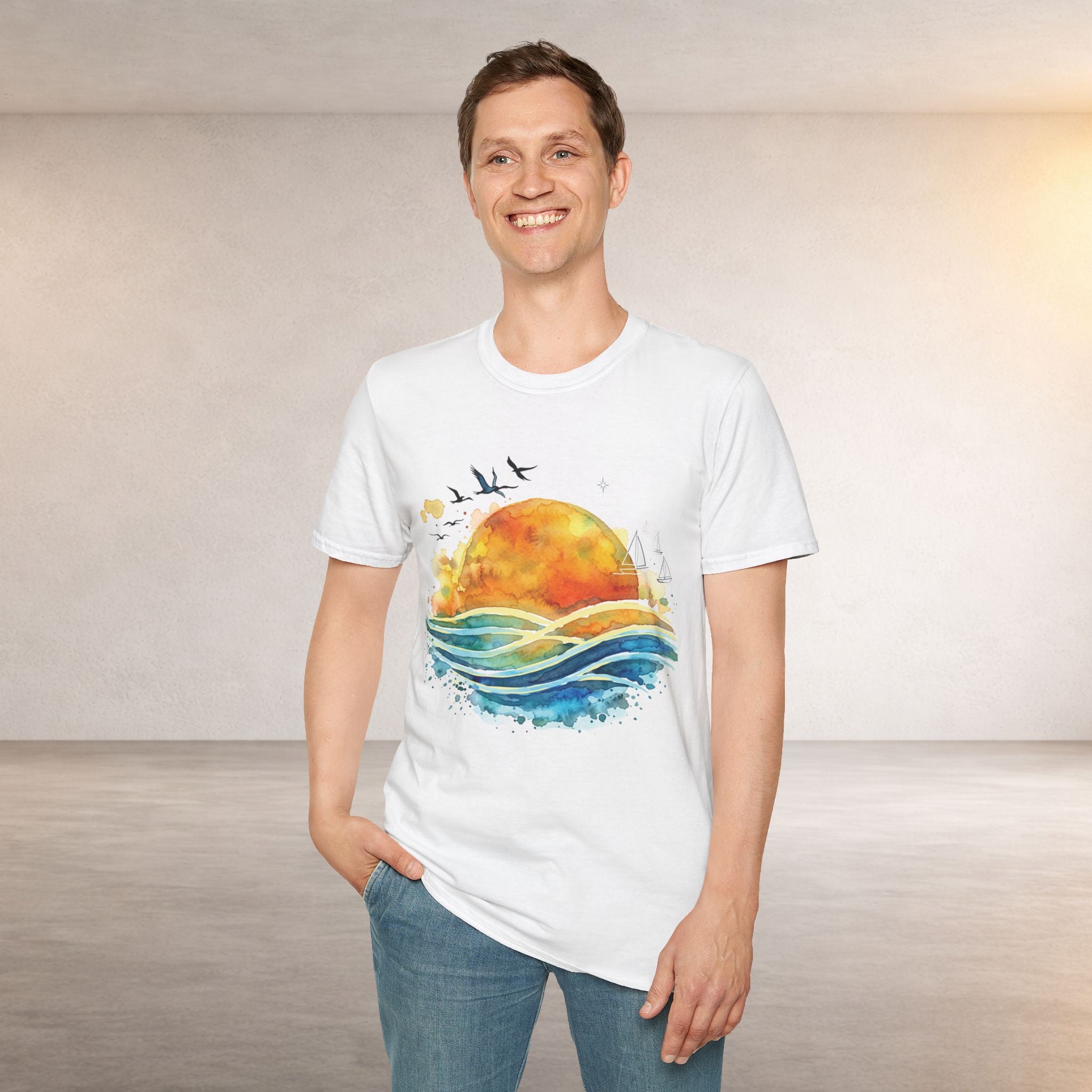 Sunset Waves T-Shirt — Watercolor Ocean Sunset Tee