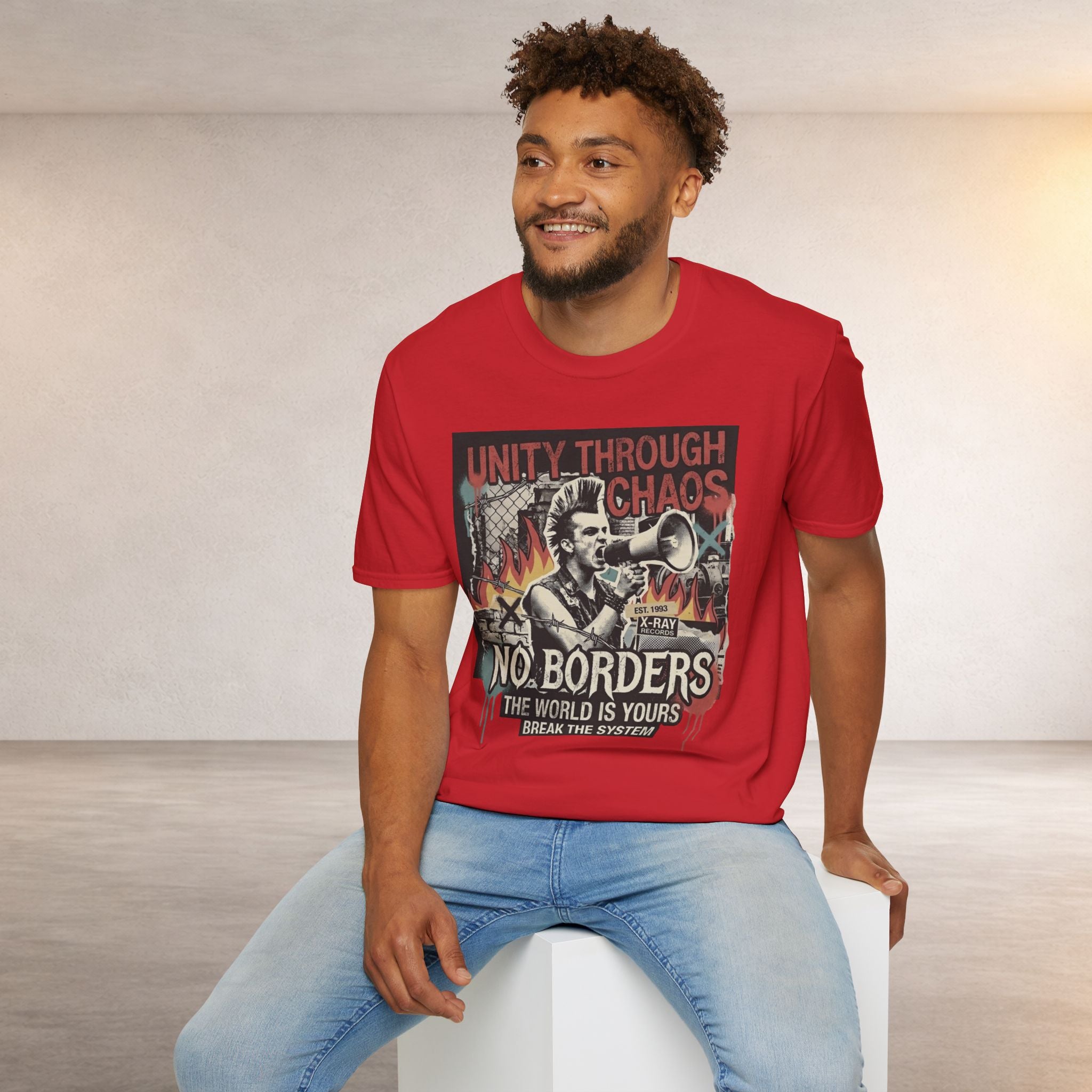 No Borders Protest T-Shirt — "Unity Through Chaos" Megaphone Graphic
