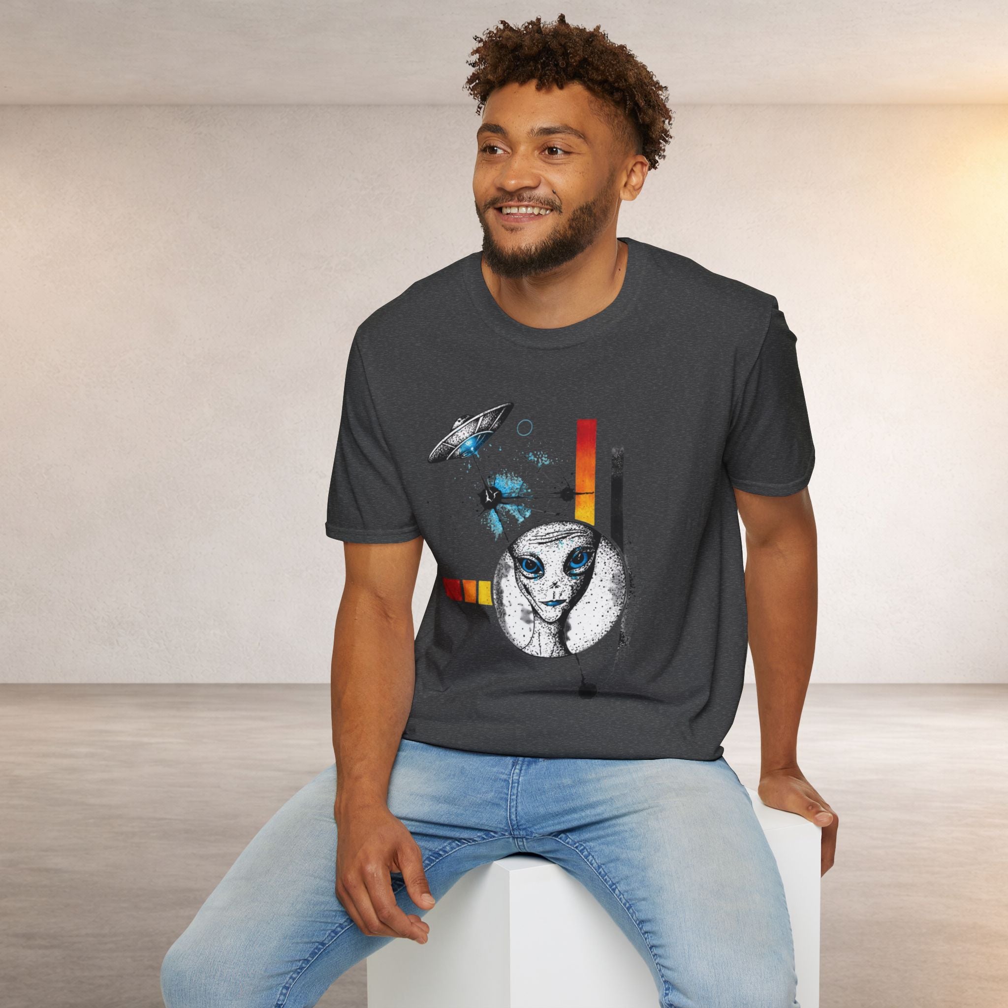 Alien Illustration T‑Shirt – Geometric UFO & Space Cat Graphic Tee