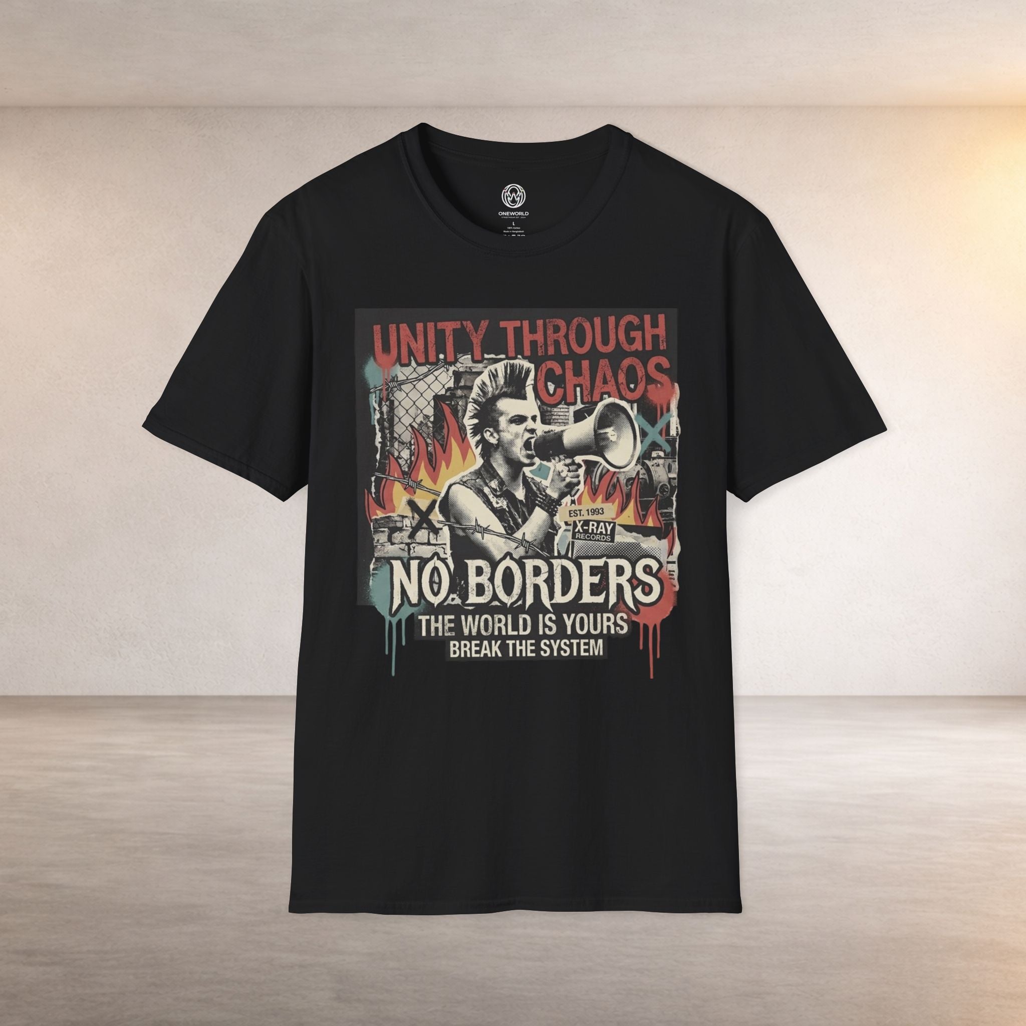 No Borders Protest T-Shirt — "Unity Through Chaos" Megaphone Graphic