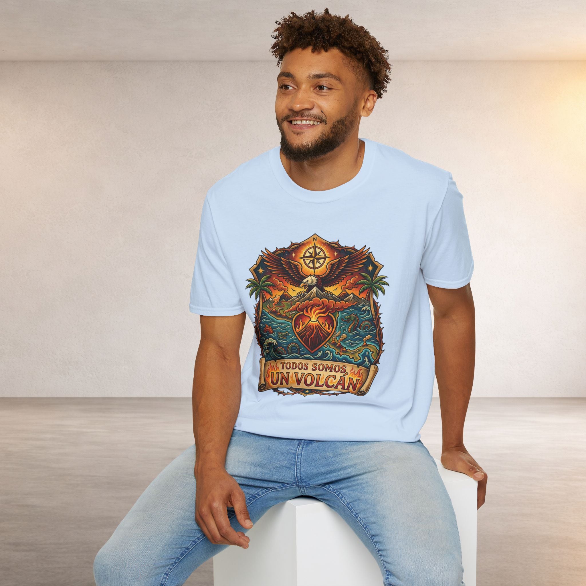 T-Shirt — 'Todos Somos Un Volcán' Vintage Heart & Volcano Graphic