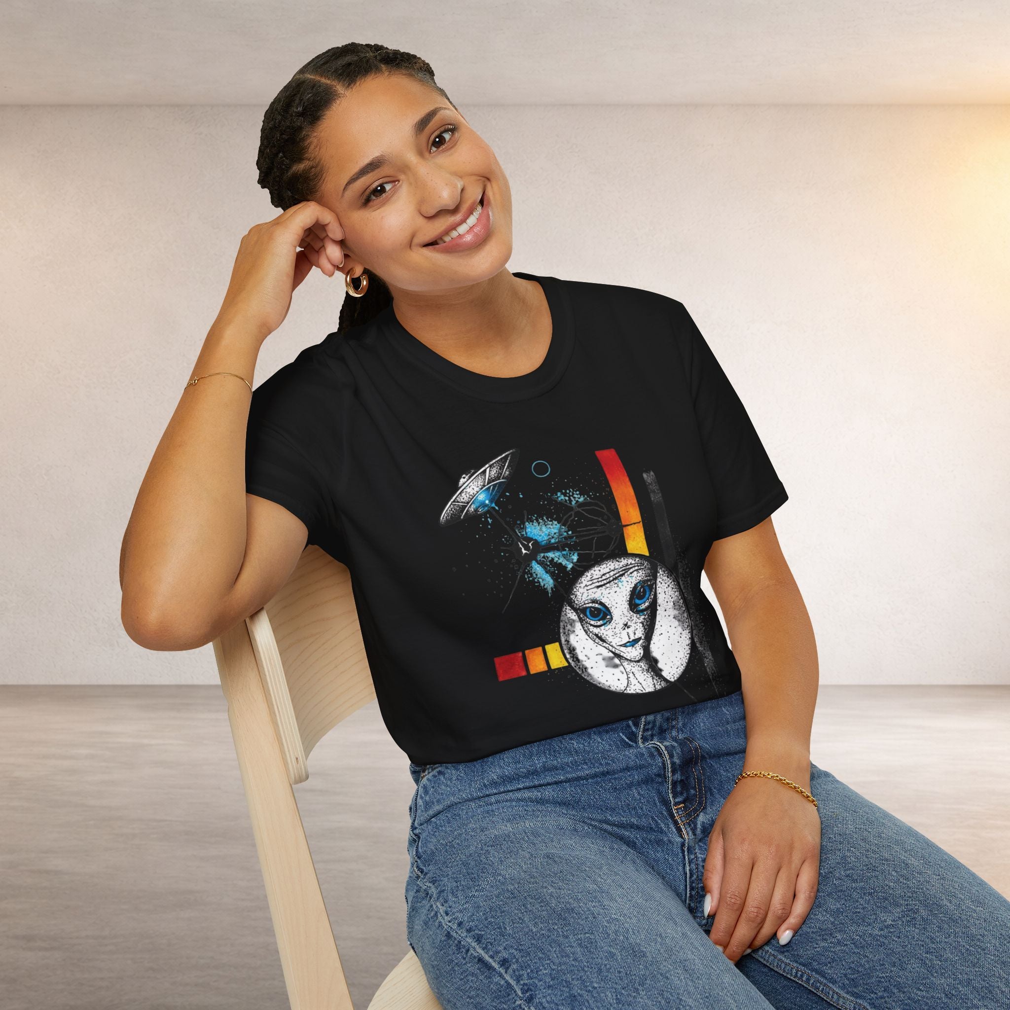 Alien Illustration T‑Shirt – Geometric UFO & Space Cat Graphic Tee