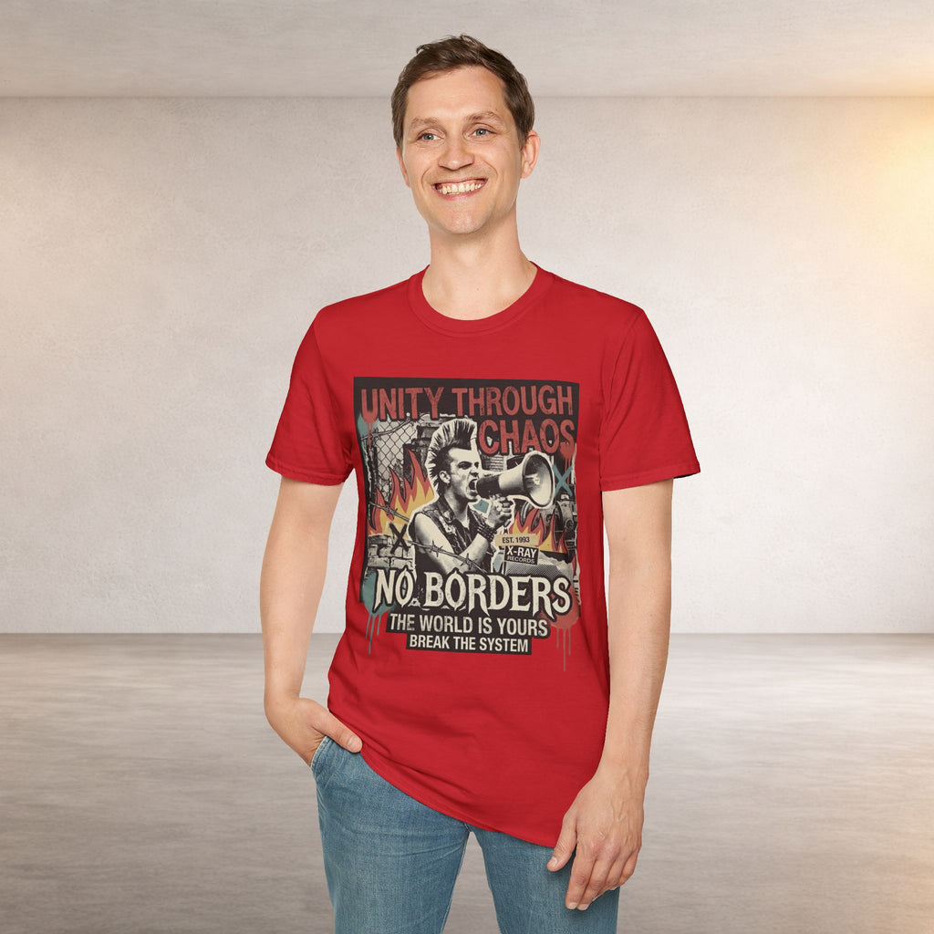 No Borders Protest T-Shirt — "Unity Through Chaos" Megaphone Graphic