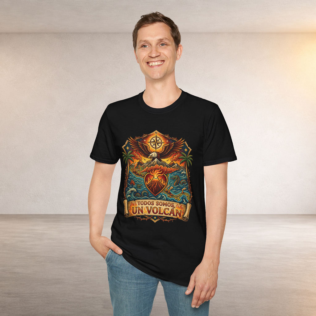 T-Shirt — 'Todos Somos Un Volcán' Vintage Heart & Volcano Graphic