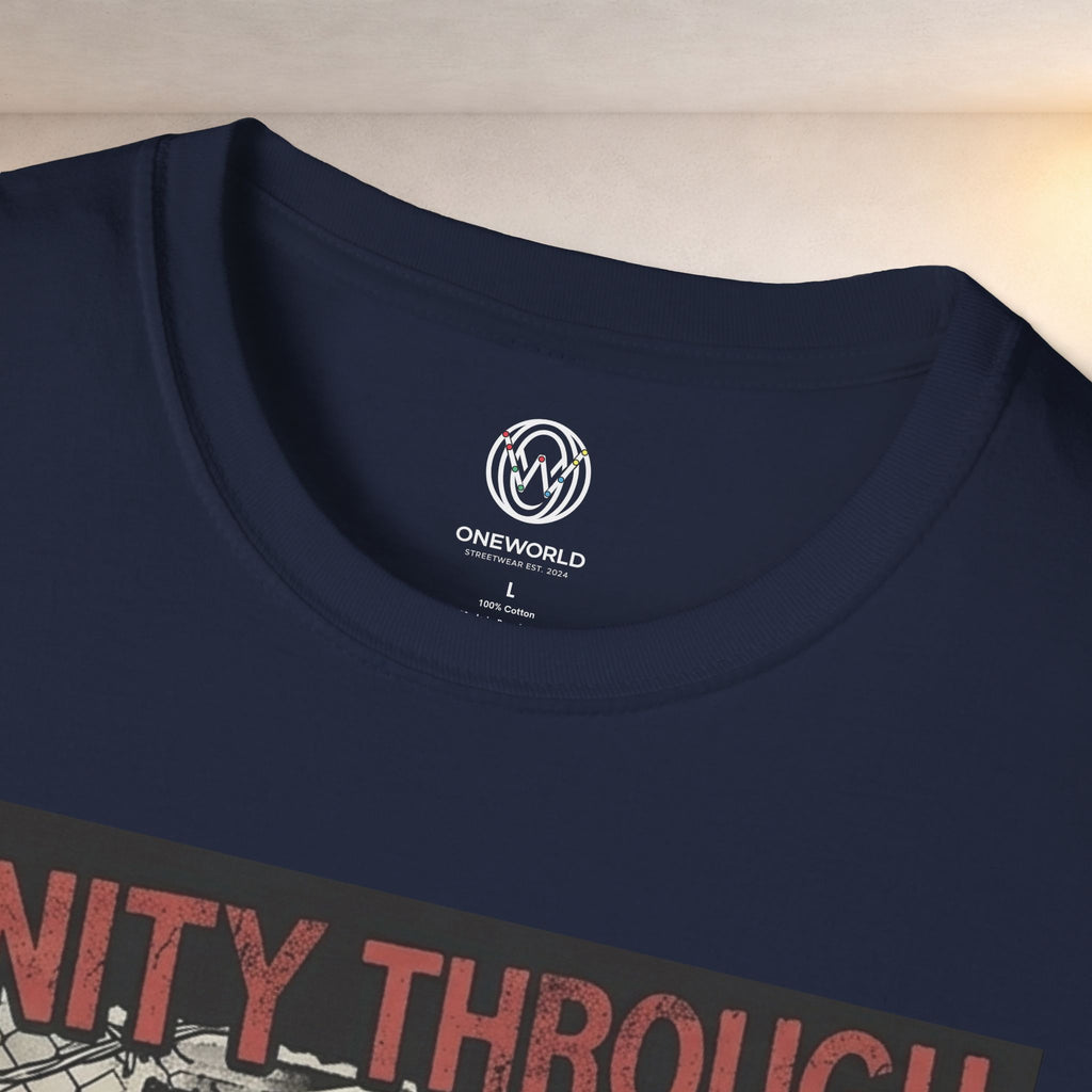 No Borders Protest T-Shirt — "Unity Through Chaos" Megaphone Graphic