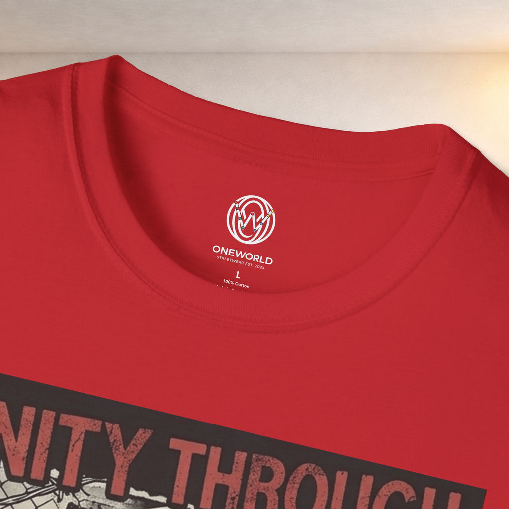 No Borders Protest T-Shirt — "Unity Through Chaos" Megaphone Graphic