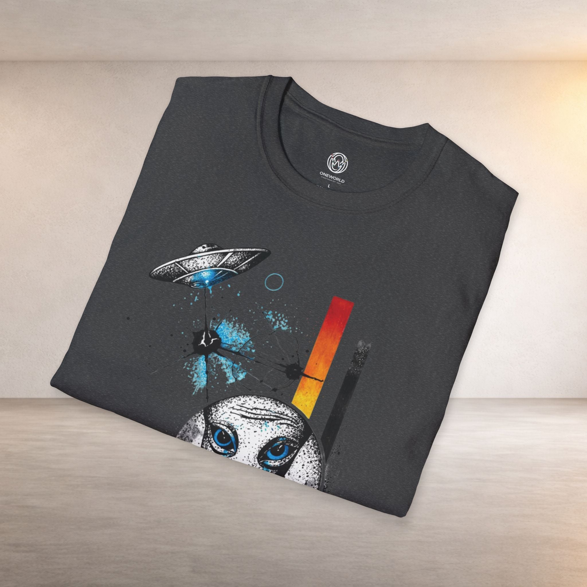 Alien Illustration T‑Shirt – Geometric UFO & Space Cat Graphic Tee