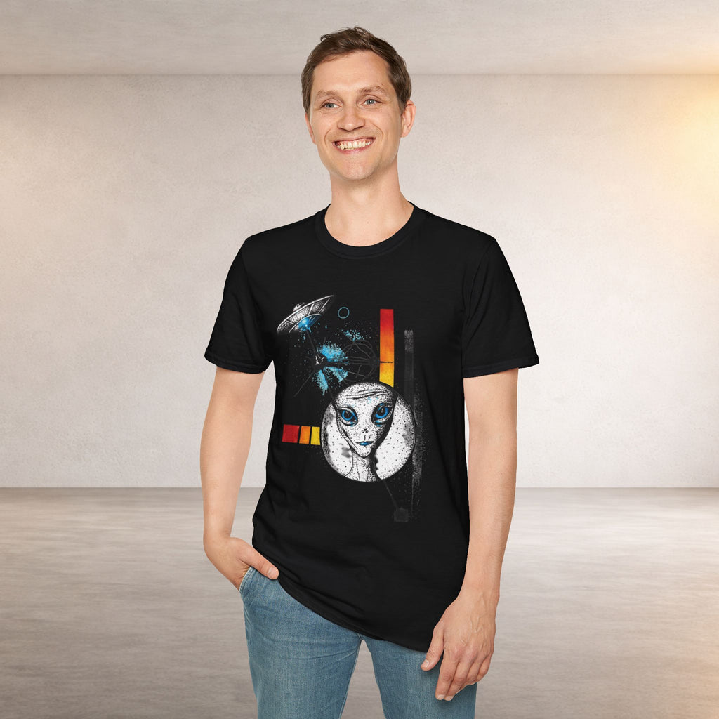 Alien Illustration T‑Shirt – Geometric UFO & Space Cat Graphic Tee