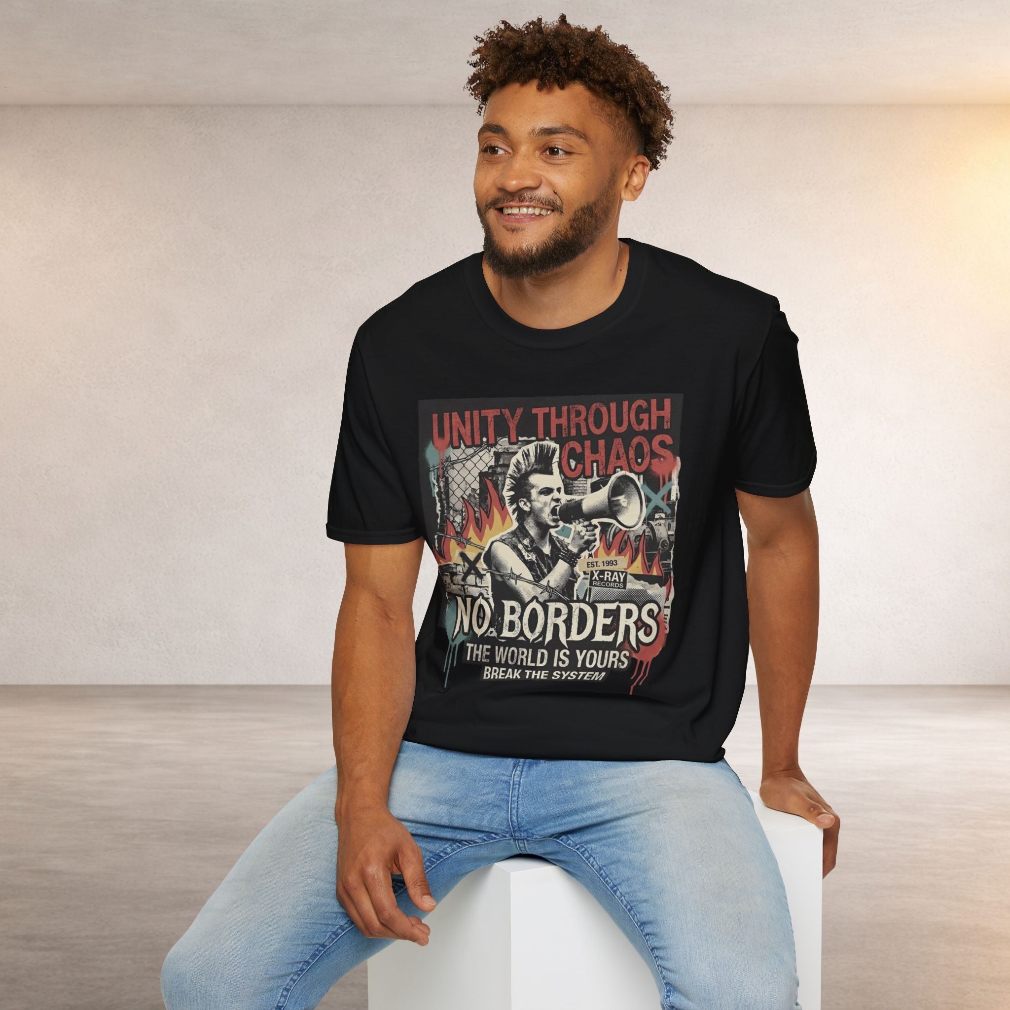 No Borders Protest T-Shirt — "Unity Through Chaos" Megaphone Graphic